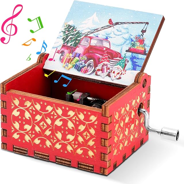 Achort Christmas Wooden Music Box Gift Xmas Decoration Hand Crank Musical Box Antique Carved Vintage Creative Music Box with Merry Christmas Melody Xmas Present for Kids Boys Girls Friends