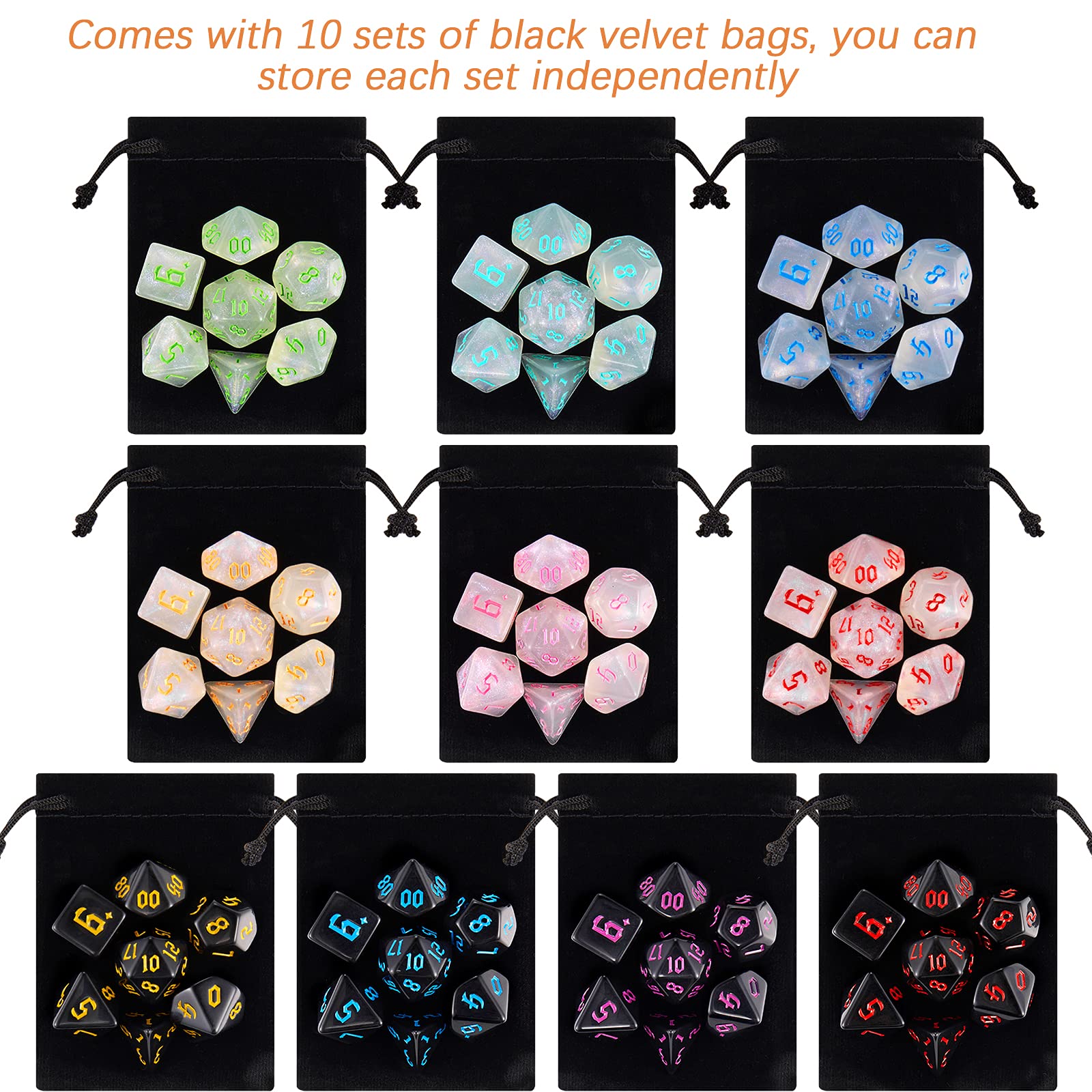 DND Dice Set, Surhugvy 7 X 7 (49 Pieces) Polyhedral Dice Set for Dungeons and Dragons DND RPG MTG Table Games Gift with 7 Pack Black Bags