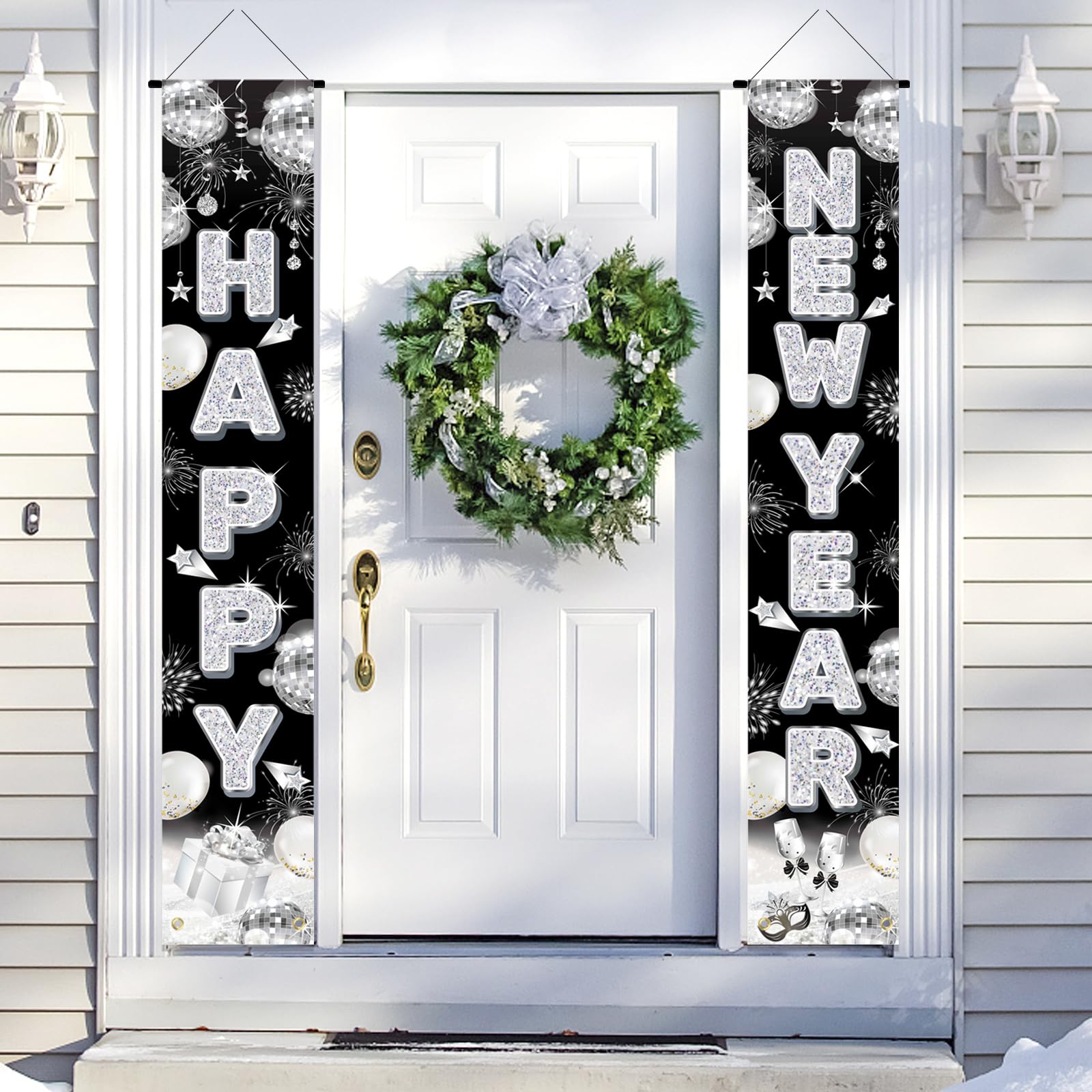 HOWAF Black Silver Disco New Year Porch Sign, 2026 New Year Party Decoration Door Banner, Happy New Years Eve Party Supplies Welcome Sign, Happy New