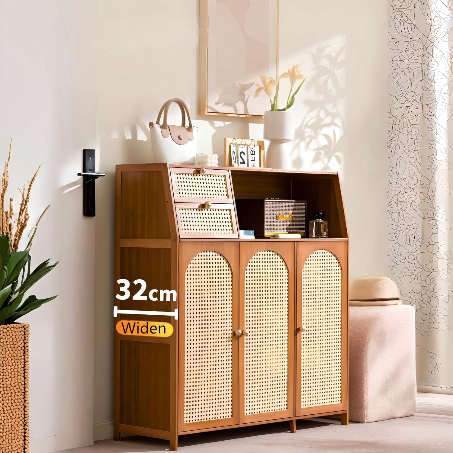 Natural Bamboo Storage Cabinet with Rattan-Style Doors, Multi-Functional Entryway Organizer with Open Shelf, Flip-Down Drawers, Dustproof Design for Shoes and Household Items (23.6in)