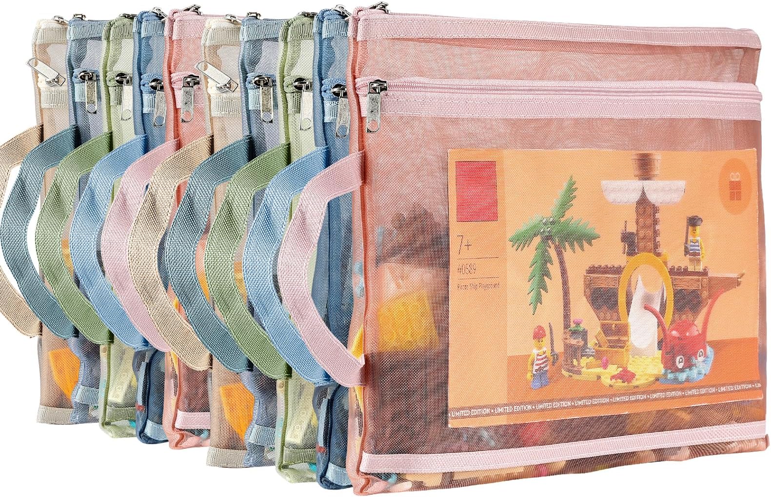 TrueLux 10 Pack Colored Mesh Zipper Pouch Bags, Double-Layer Nylon Puzzle Building Block Sets Toy Storage & Organization, Breathable See Through A4 Zipper Pouch with Handle for School Games