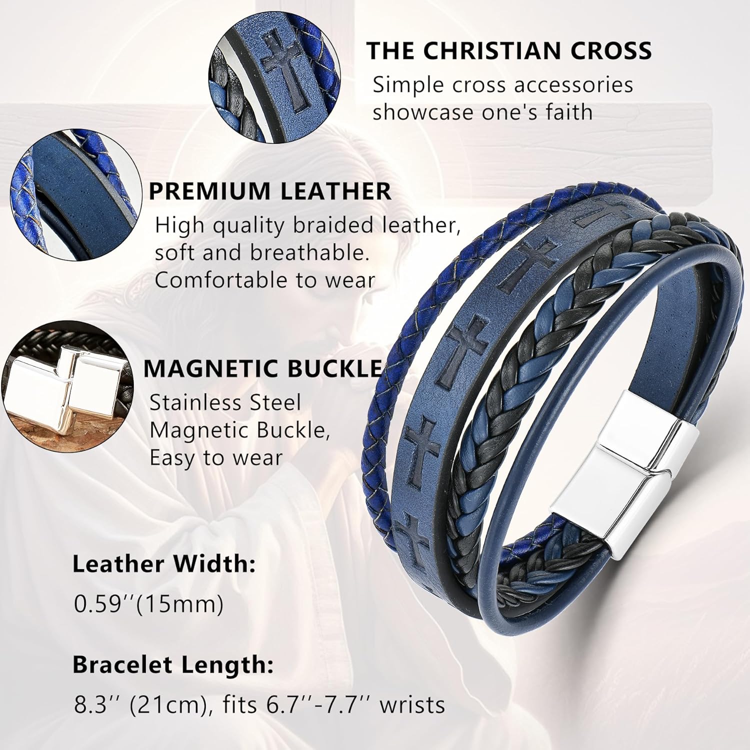 Mens Leather Cross Bracelet Multi-Layer Braided Faith Bracelet Religious Wristband Father's Day 8.5" Memory Bangle with Stainless Steel Buckle