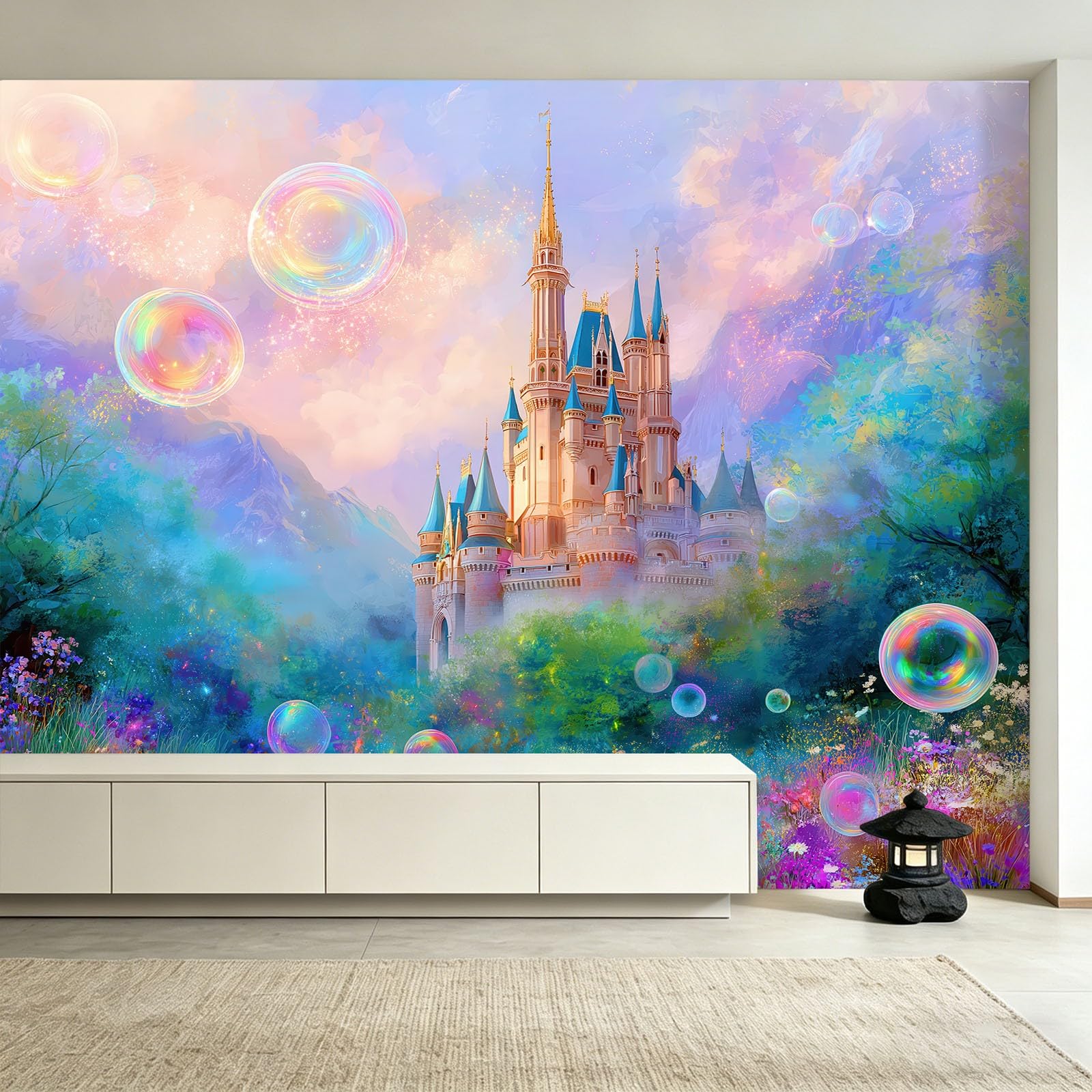 Générique 3D tapeta las zamek bąbelki, panoramiczna tapeta 400 x 280 cm - do salonu sypialnia łazienka i kuchnia dekoracja ścienna plakat, romantyczna kreskówka