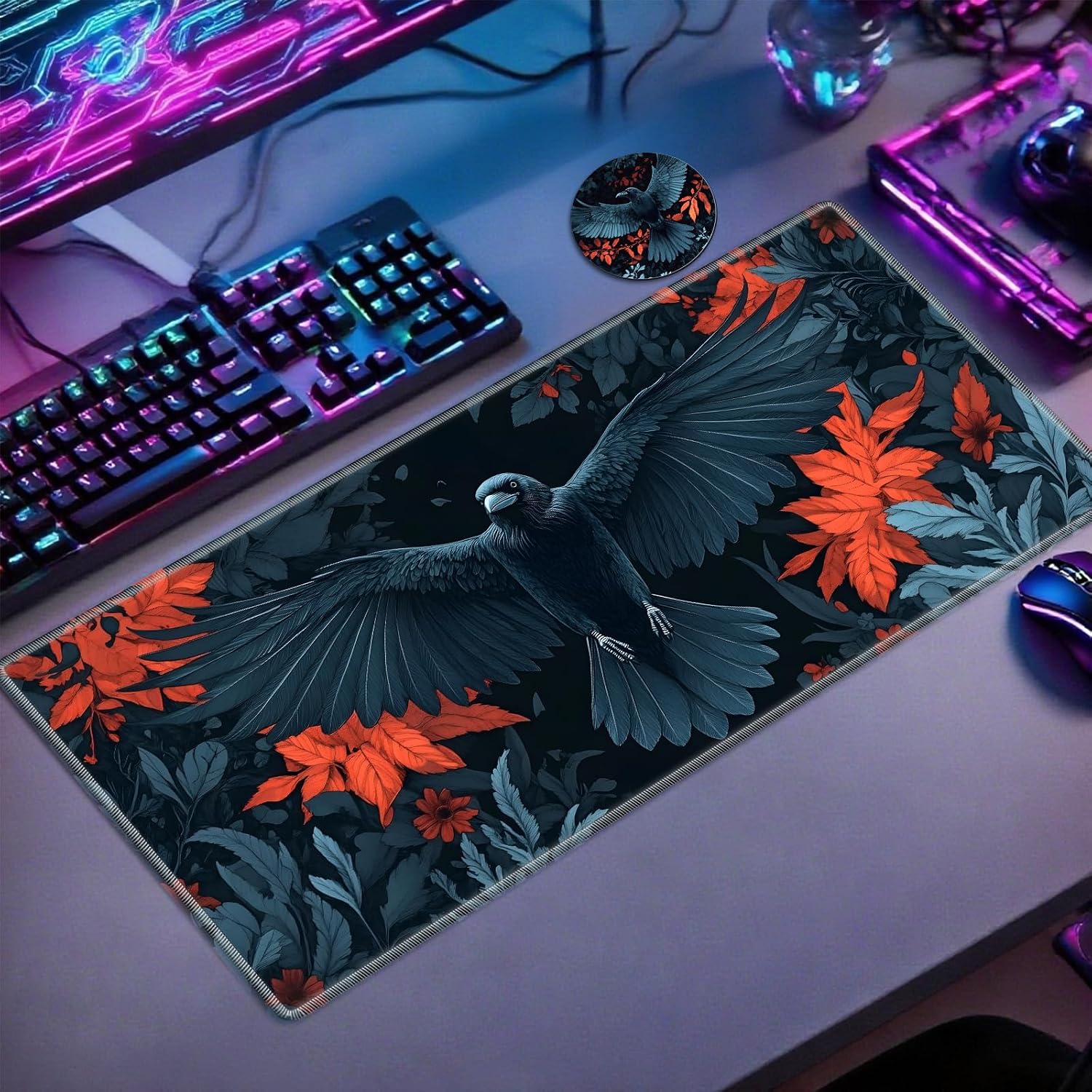 Large Gaming Mouse Pad-35.4"x15.7" Desk Mat Smooth Operation Non-Slip Rubber Base Stitched Edges Keyboard Pad with 3.94" Small Coaster for Office Decor and Home Office Black Bird