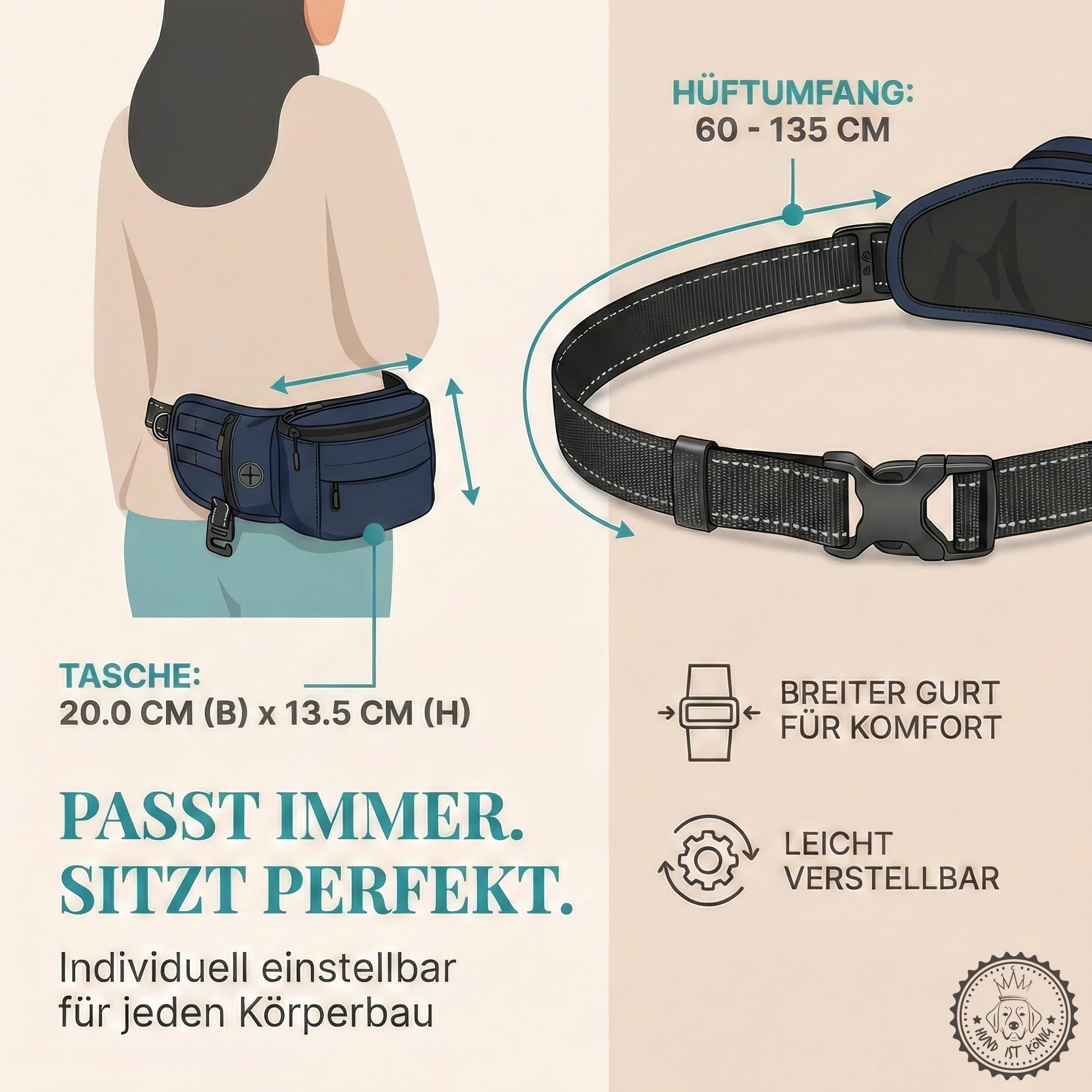 HUND IST KÖNIG Sac à friandises pour chien - Friandises et accessoires pour chien - Sac banane robuste pour chien - Avec distributeur de sacs à déjections canines, compartiment pour téléphone portable