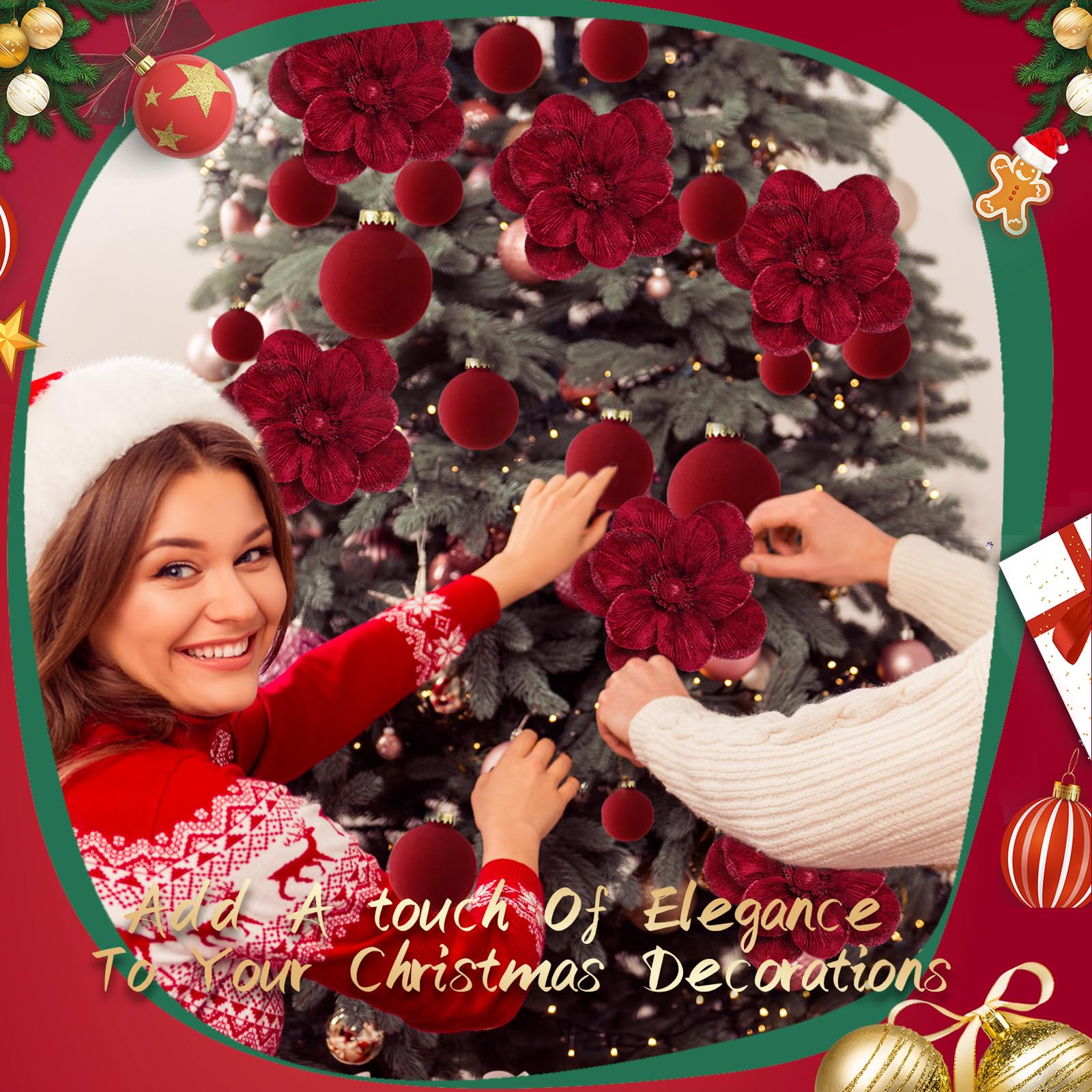 Outus Lot de 24 décorations de sapin de Noël en velours avec 8 poinsettias – fleurs de magnolia artificielles à paillettes avec tige – Décorations de Noël pour Noël, fête, mariage (bordeaux)
