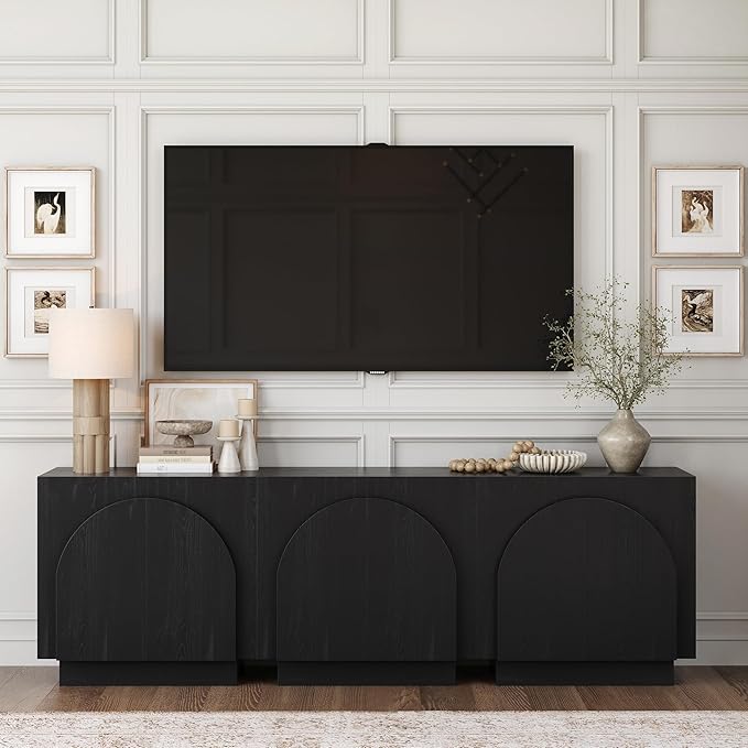 Nathan James Iris Mid-Century Modern Credenza, Black TV Stand, Living Room Wood Storage Cabinet with Arched Cabinet Doors, Black Credenza Cabinet for Kitchen or Living Room, Black Oak, Set of 3