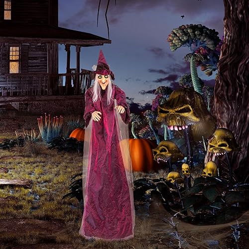 Miniatura 6 de VINGLI Decoración de bruja parlante animada de tamaño real, decoración de bruja colgante con voz espeluznante ojos rojos iluminados para fiestas en