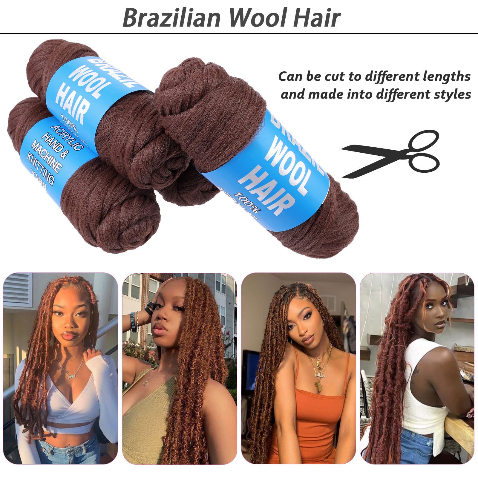 GFDYREE Brazilian Wool Hair 4 Roll 100% Brazilian Wool Hair For African Crochet Hair Braiding Twisting Jumbo Braids/Senegalese Twist/Faux Locs/Wraps With Crochet Hook(4 Roll, Honey Brown - View #5