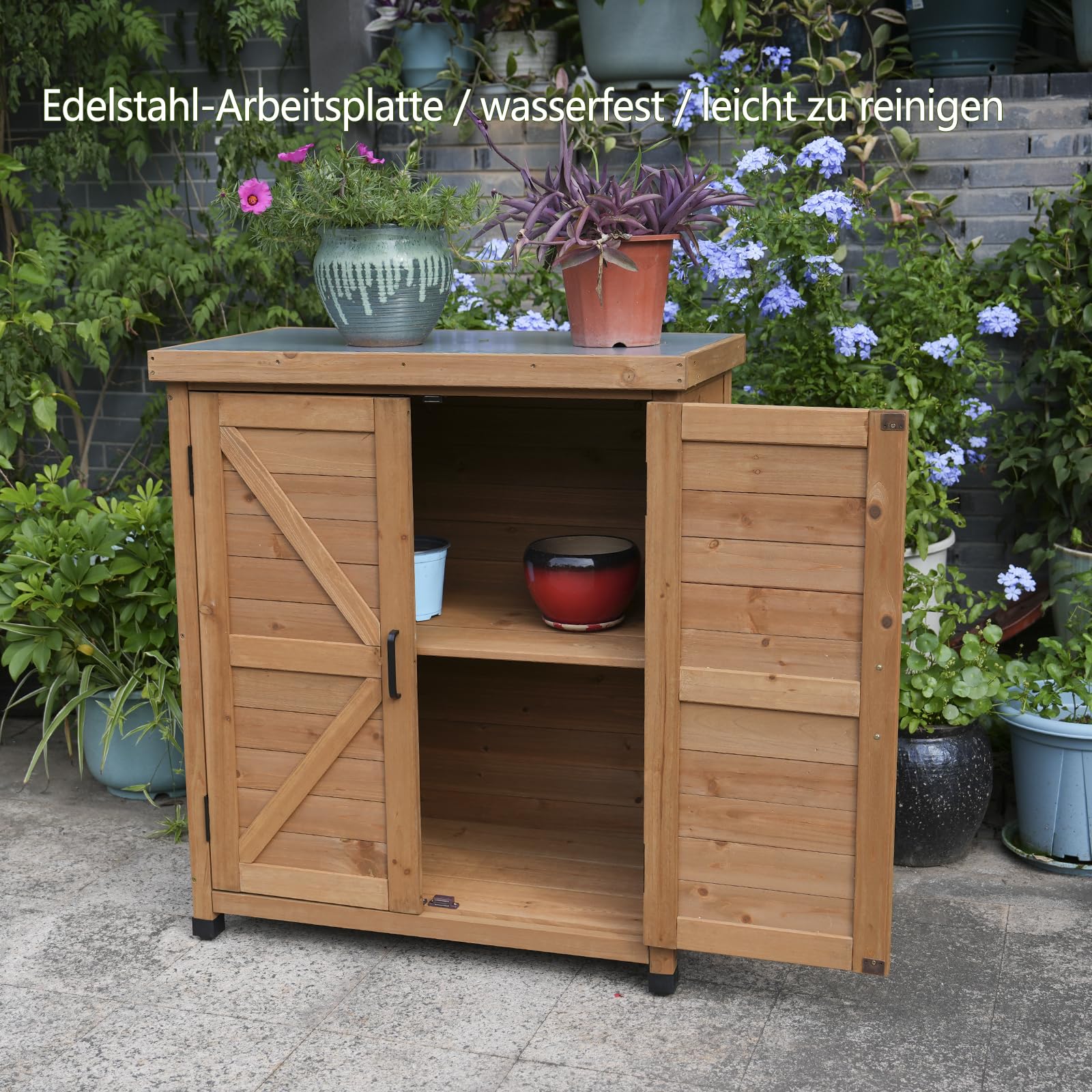 Outdoor Gartenschrank aus Holz, 80 x 45 x 93 cm, Grau, Wasserfest, Höhenverstellbare Füße, 2 Türen, 2 Einlegeböden (Orange)