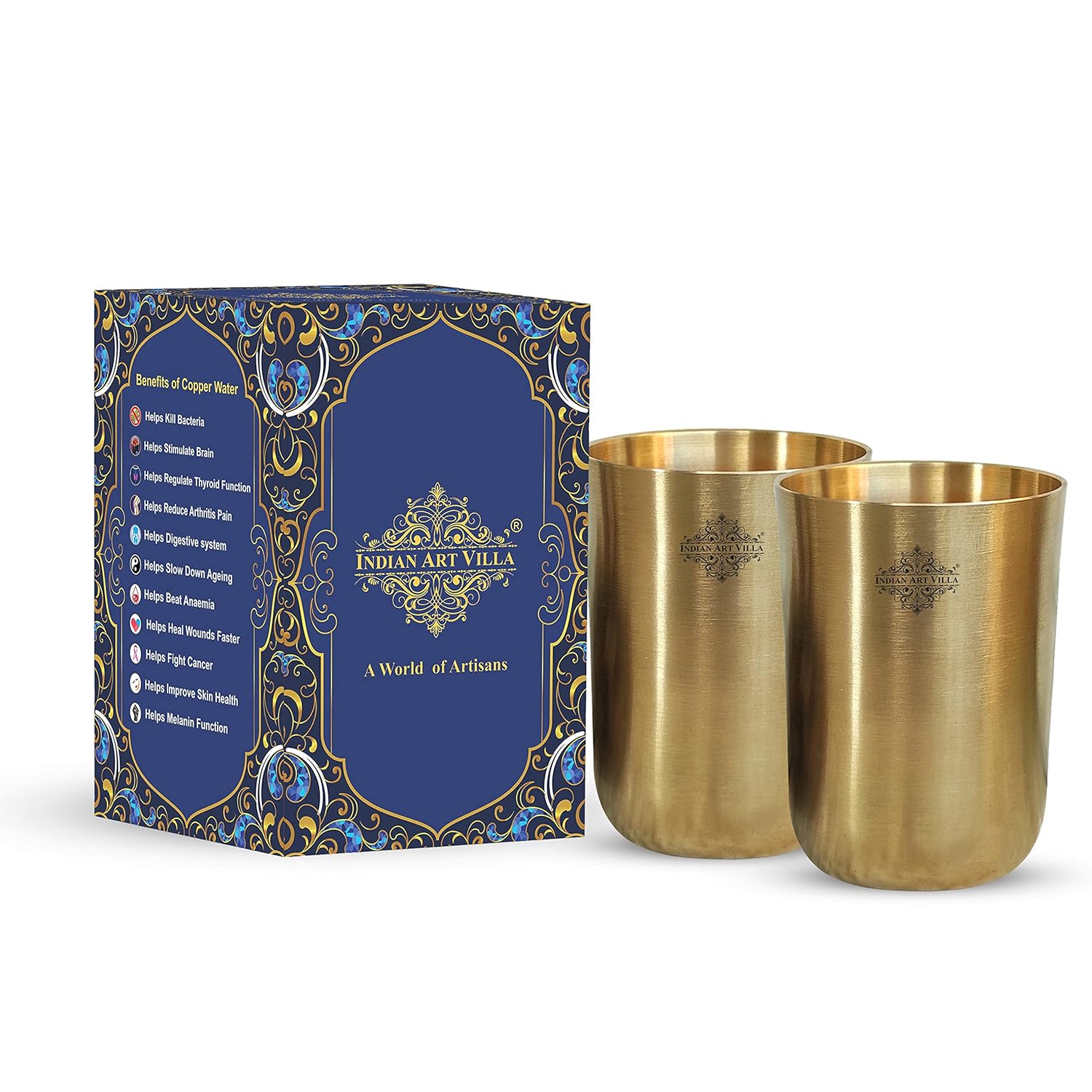 Indian Art Villa Brass Glass Tumbler With Matt Finish Serveware Drinkware Volume-10 OZ Pack Of- 2