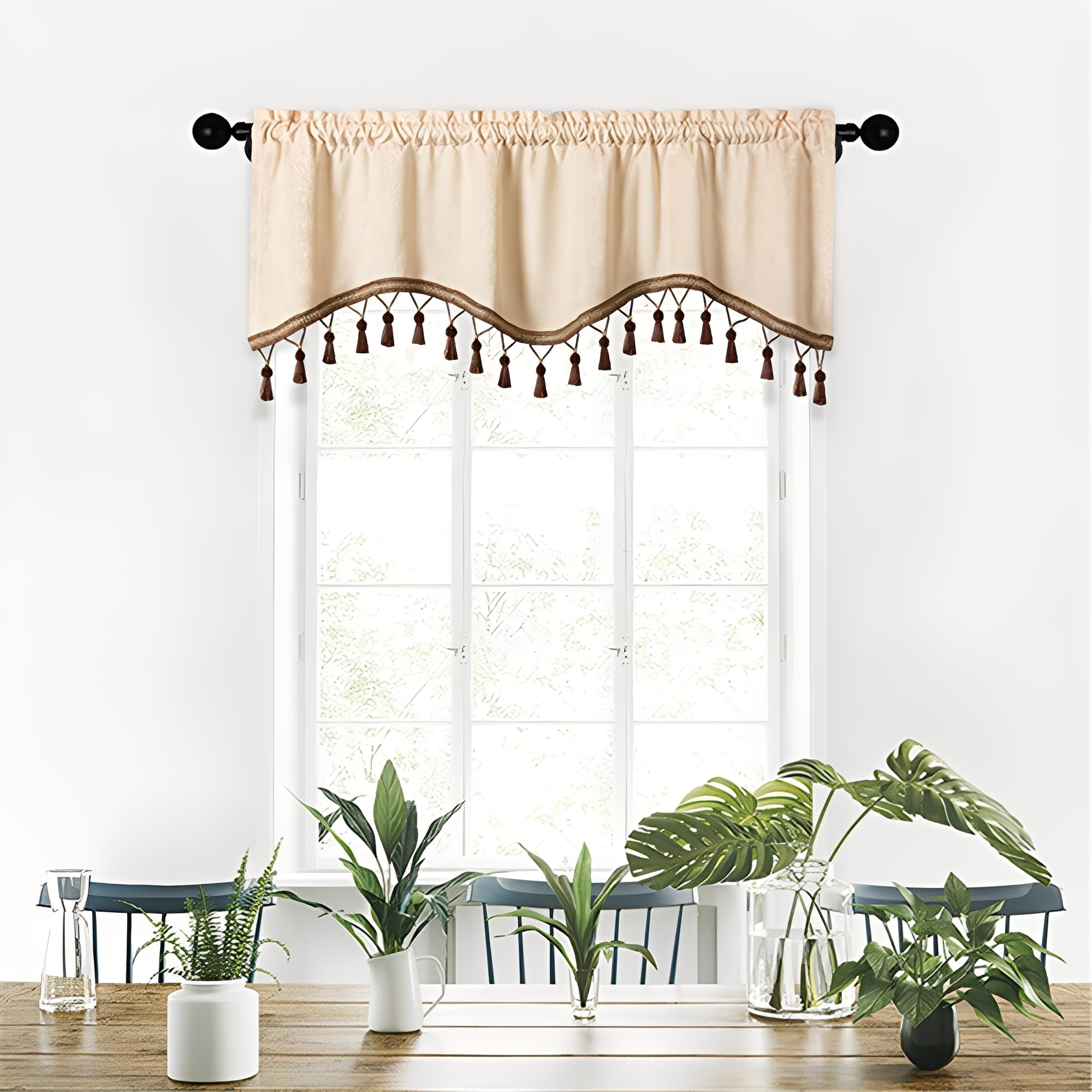 Treer Medieval Style Curtain Valance for Kitchen Window, Short Curtains with Rod Pocket & Tassels, Blackout Polyester Window Treatment for Cafe, Camper, Bathroom, Living Rooms (Beige,45x180cm)