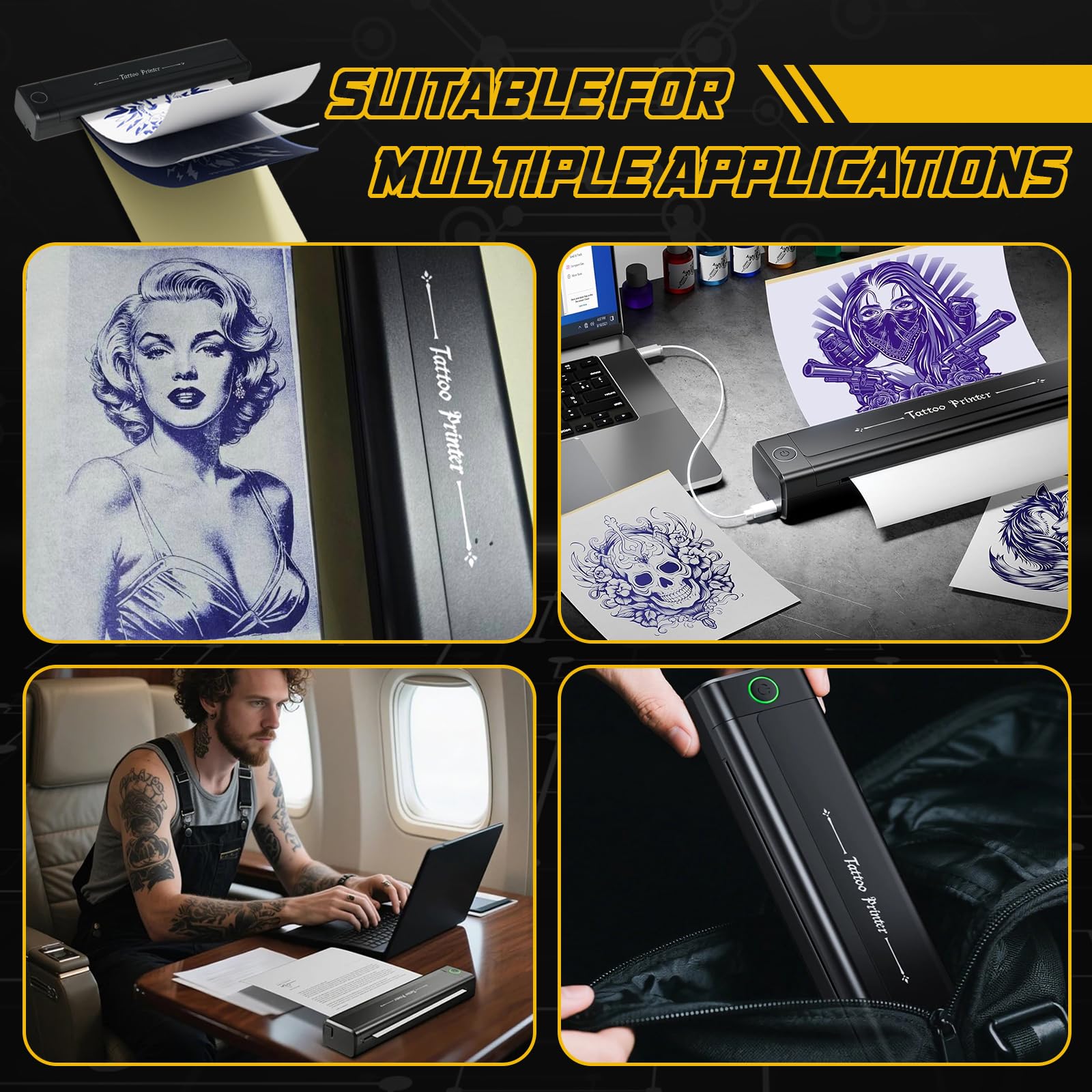 Stampante per stencil per tatuaggi, Bluetooth, con 10 fogli di carta di trasferimento, portatile, 203 dpi, ad alta risoluzione, per principianti e artisti, compatibile con smartphone e PC