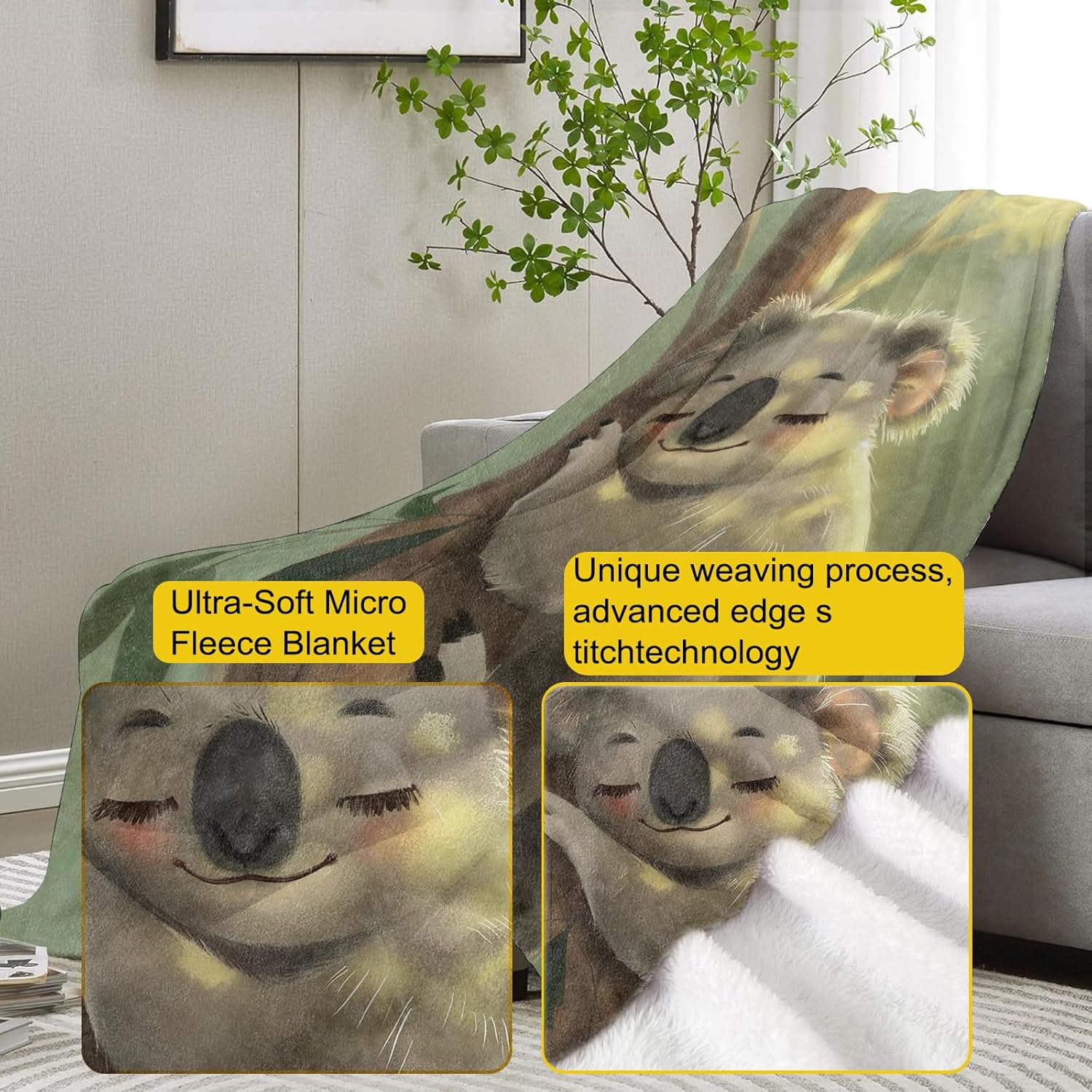 Cute Koala Blanket,Anime Flannel Throw Blankets,Soft Warm Lightweight Cozy Plush Koala Throws for Bedroom Sofa Home Decor Gifts for Women Lovers Kids Girls 50"x60"