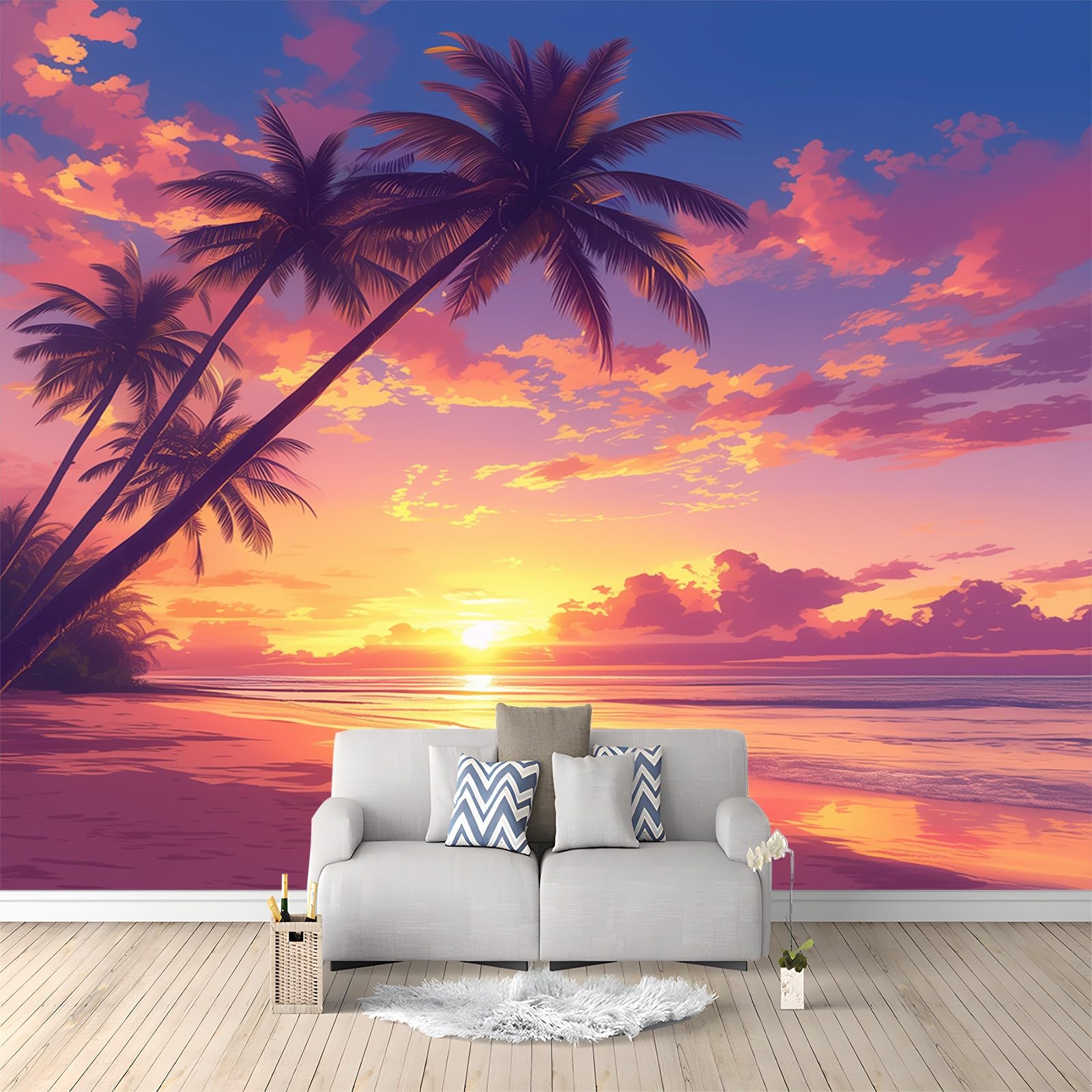 Wall Mural 250 x 175 cm - Sunset Beach Palm Trees Design Photo Wallpaper for Boys' Bedroom, Living Room, Playroom, Nursery, Teen Room, Kids' Photo Mural Wall Art