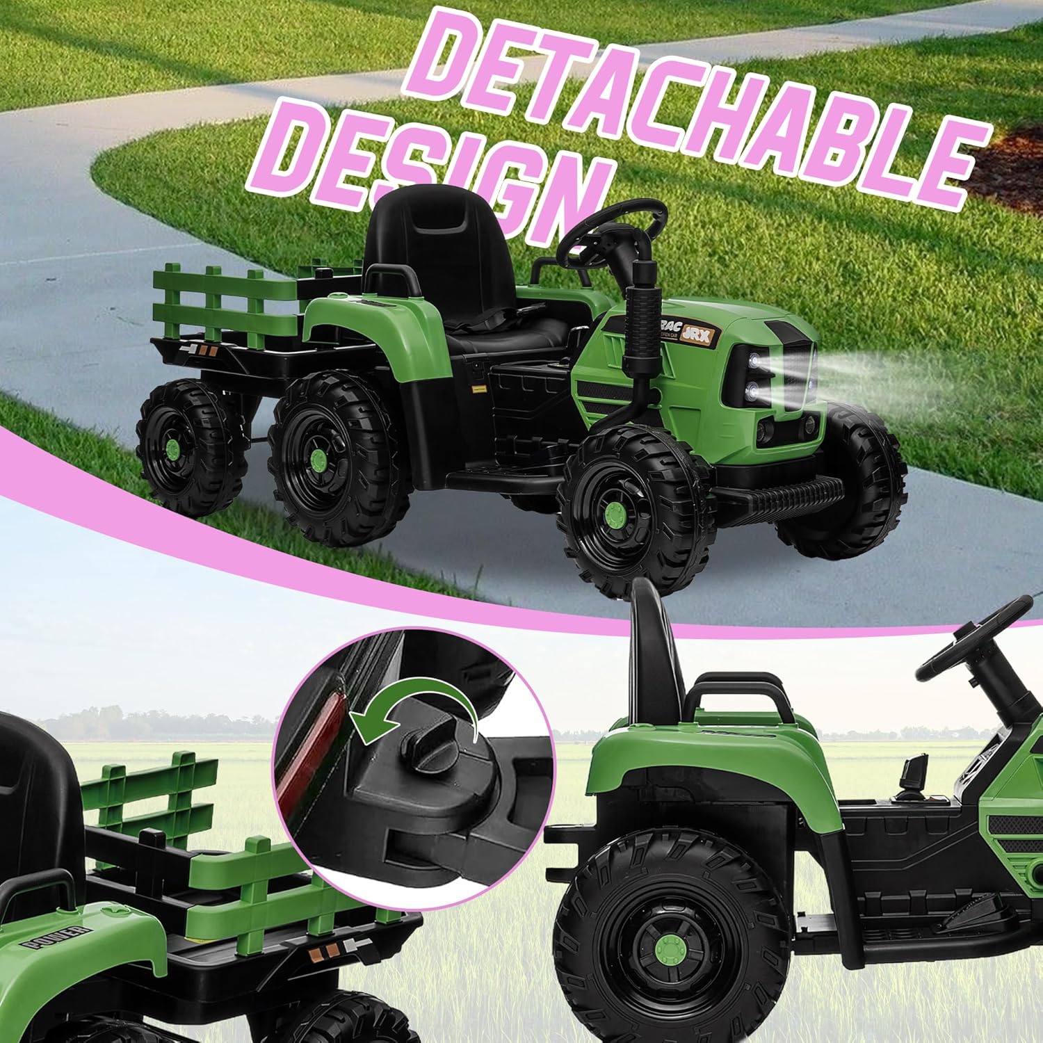 24V Ride on Trator for Big Kids with Trailer, Ride on Toy w/Remote Control, 400W Motor, LED Light, Bluetooth, 3 Speed, Power Display, 2-Point Safety Belt, Electric Car for Ages 3+ (Emerald)