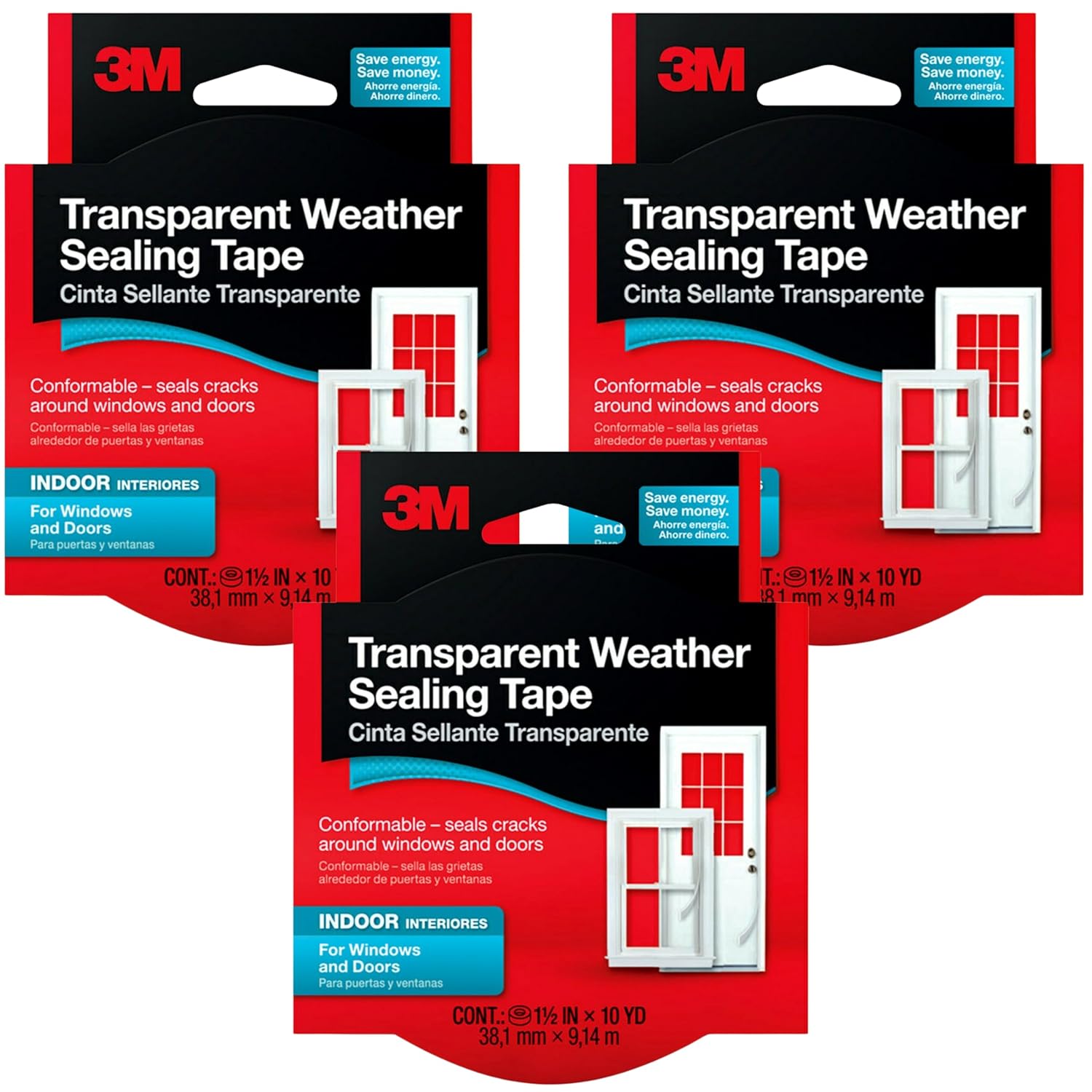 3M Transparent Weather Sealing Tape, 1.5 in x 30 ft, Pack of 3, Window & Door Insulation Tape, Moisture-Resistant, Blocks Drafts & Saves Energy, Removable & Residue-Free, Made in USA