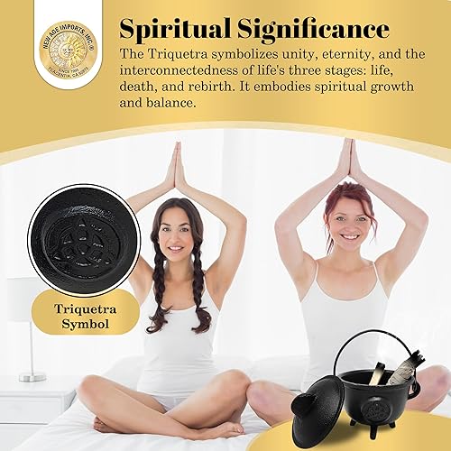 Miniatura 10 de New Age Imports, Inc. Caldero de hierro fundido con asa y tapa, ideal para manchas, quemar incienso, fines rituales, decoración, decoración de