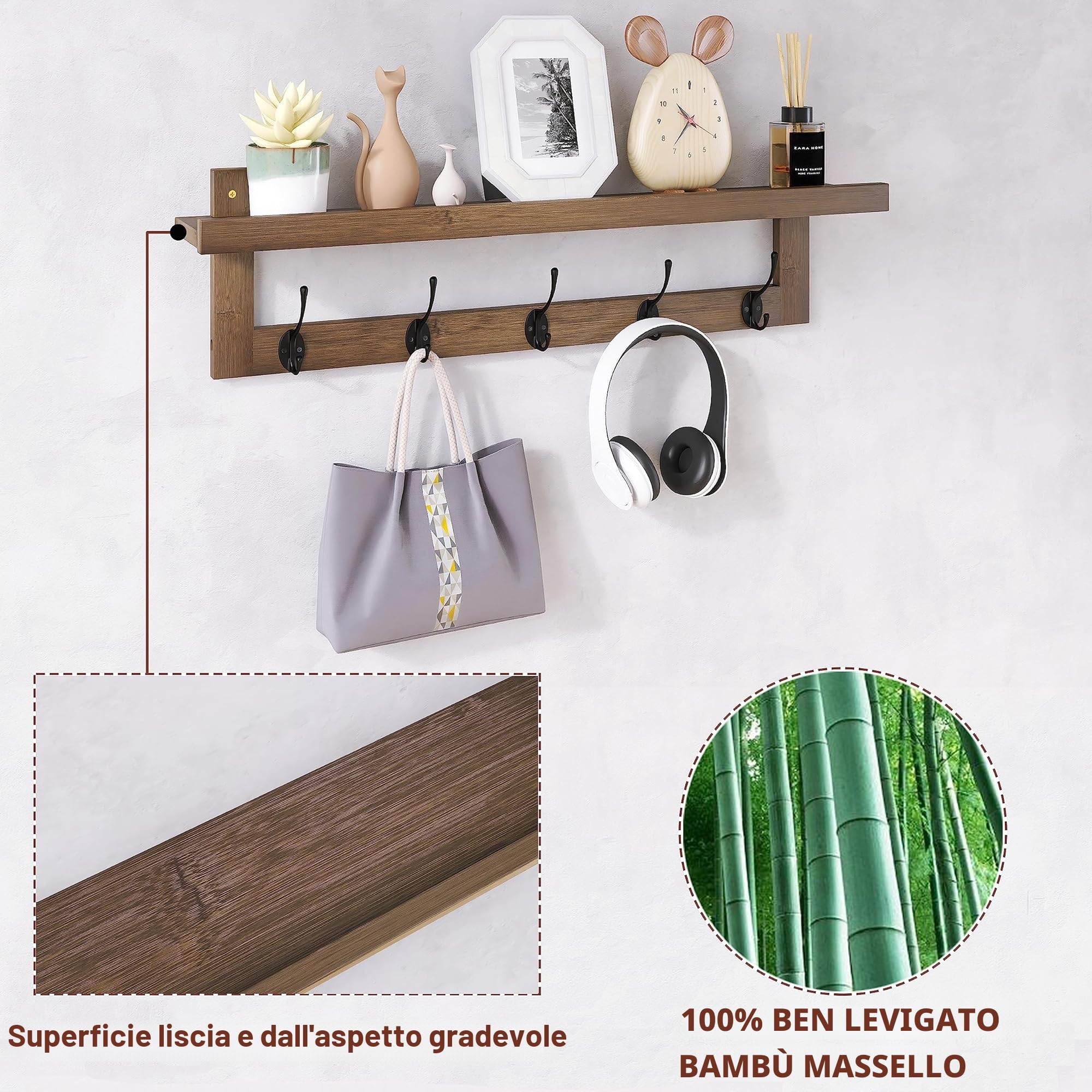 SMIBUY Appendiabiti con mensola a parete, appendiabiti da 74 cm per parete, mensola sospesa in bambù con 5 doppi ganci metallici per bagno, camera da letto, cucina, soggiorno, mudroom (Noce)