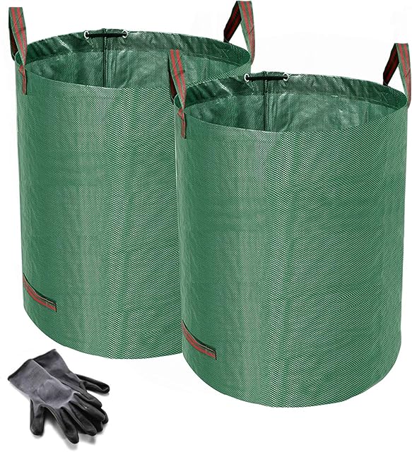 Heavy Duty Garden Waste Bags - 300 Litre - 2 Sacks - BONUS 1 Pair Gardening Gloves - Industrial Fabric and Handles - Green/Garden Waste Sacks, Reusable - Norjews