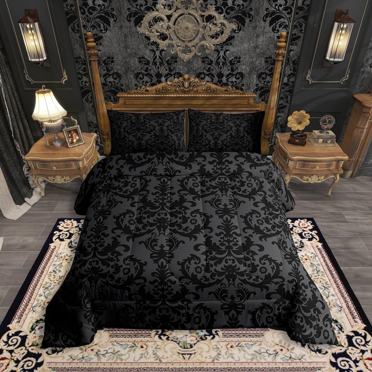 Juego de ropa de cama de damasco negro King con edredón gótico exótico de 3 piezas