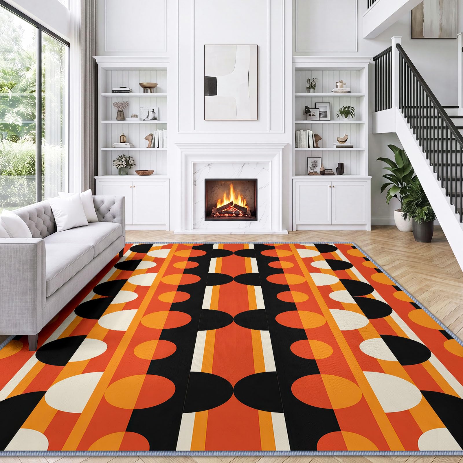 Tapis Salon Lavable en Machine Rayures Géométriques Rétro Semi Circulaires Tapis de Chambre à Poils Courts, Antidérapant Doux Poil Ras Rug, Idéal pour Chambre d'enfant, Couleur Orange, 160 x 230 cm
