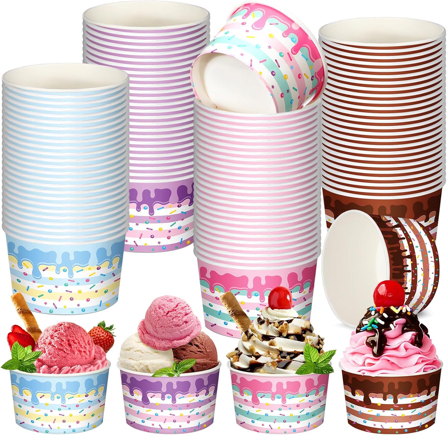 Domensi 100 Pcs 12 oz Ice Cream Cups Bowls Disposable Summer Party Paper Food Containers for Sundae Treat Snack Dessert Frozen Yogurt Summer Holiday Birthday Party Supplies(Ice Cream)