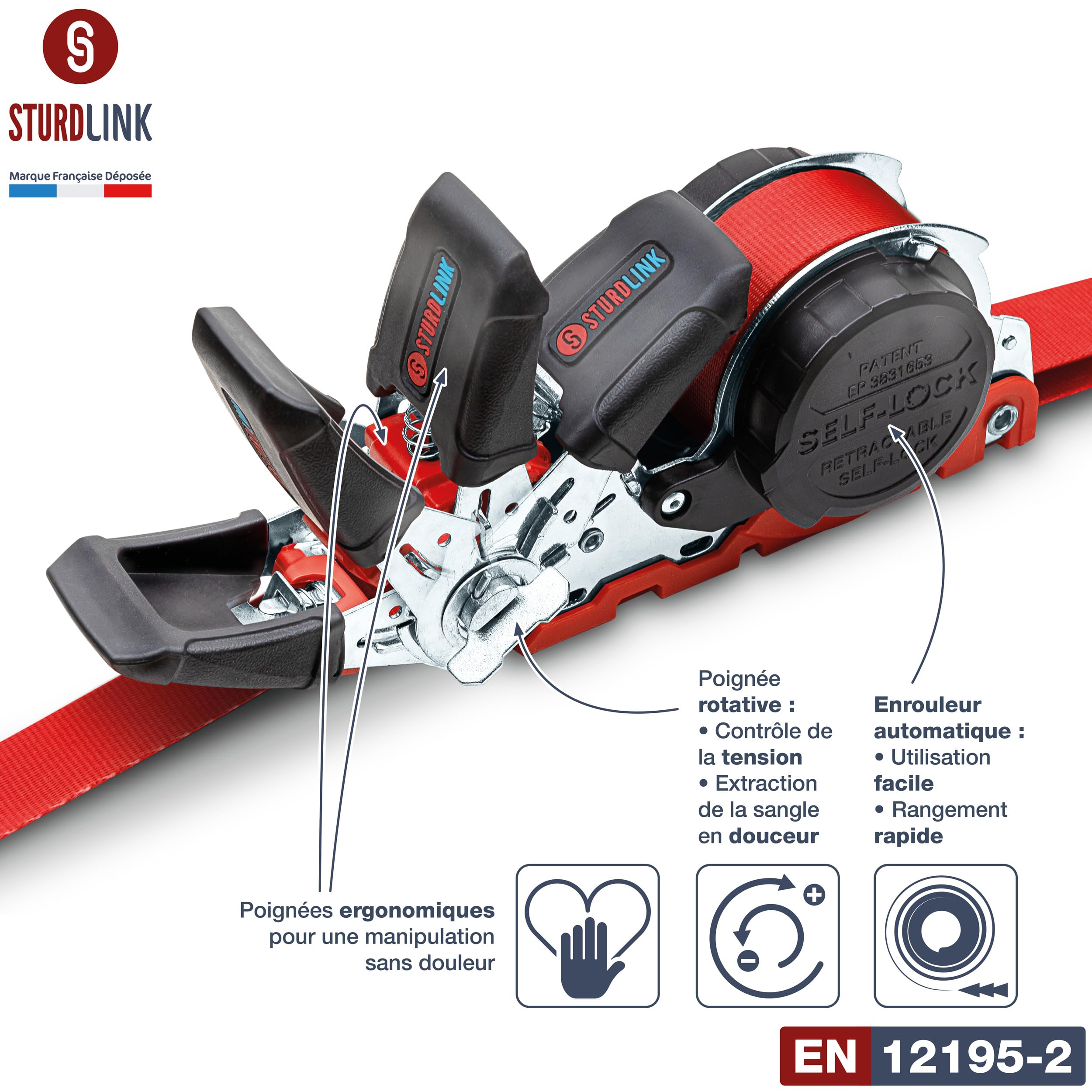 Sangles à Cliquet Automatique 5m 25mm Crochets J LC 350kg / 700kg en U | Enrouleur de Sangle Automatique | Sangle d’Arrimage Rétractable | Jeu de 4 + Sac | Utilitaire Fourgon Camion SUV | en 12195-2