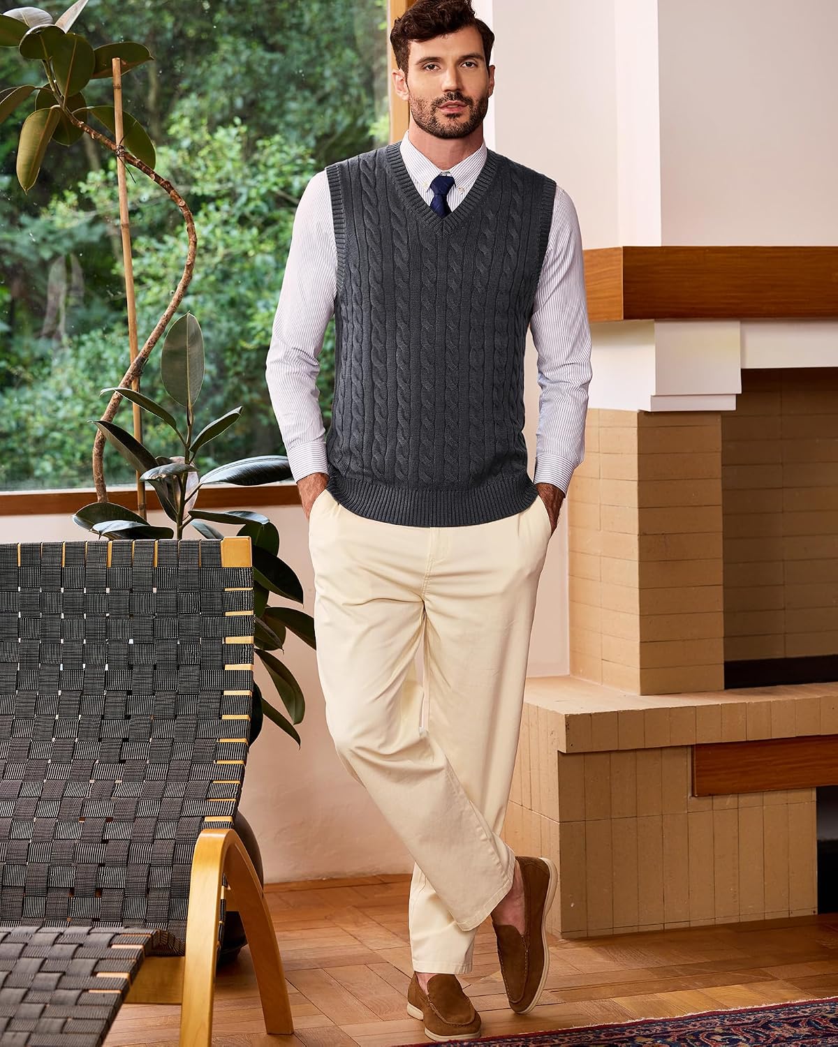 Kallspin Mens Sweater Vest Wool Blend Cable Knit V Neck Sleeveless Pullover Casual Bussiness Knitwear
