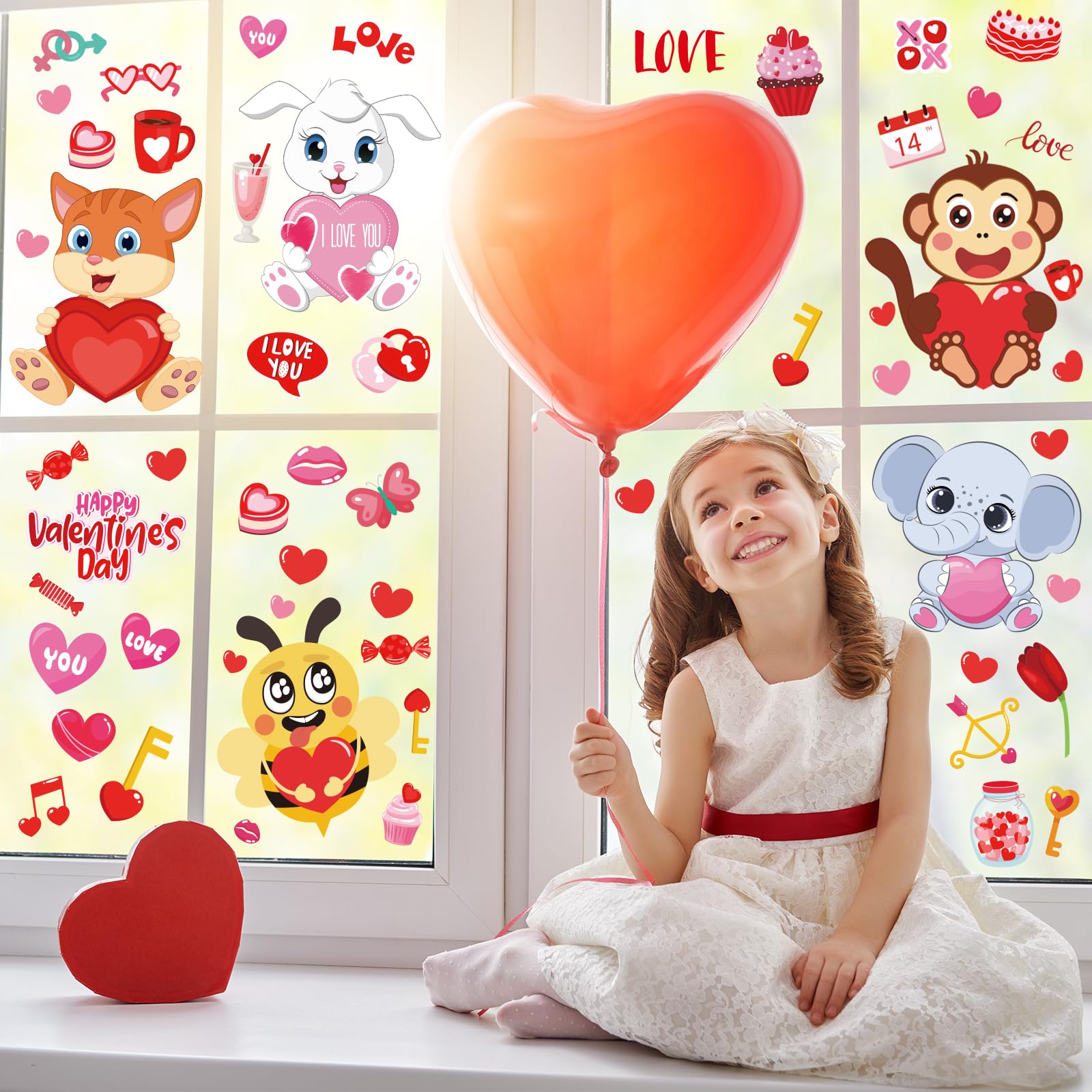 JarThenaAMCS Valentine's Day Window Clings Lovely Animals Window Decals Double-Sided Cute Cartoon Window Decor for Wedding Anniversary Home Office School Party Supplies, 9 Sheet