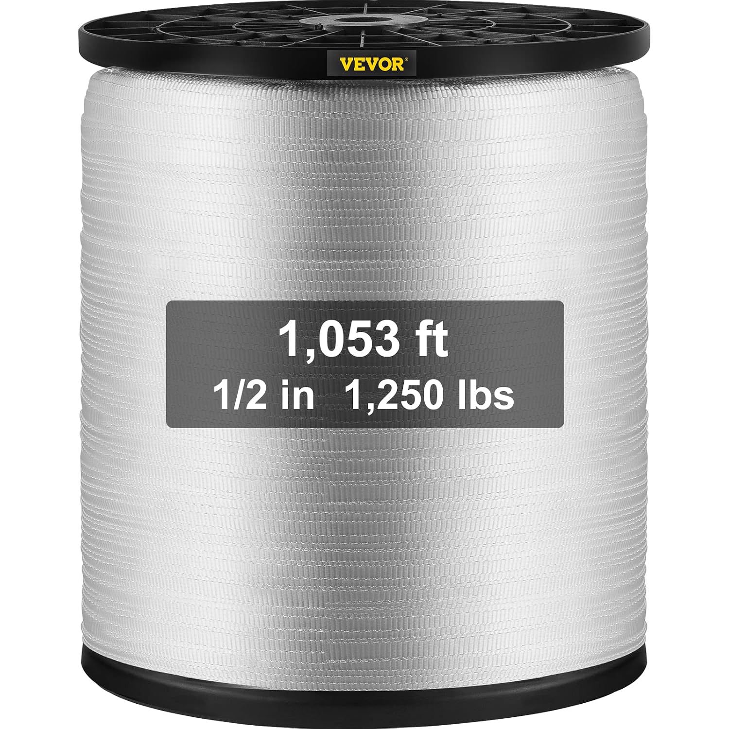 VEVOR Pull Tape, 1250 lbs Tensile Capacity, Professional Flat Rope 1053' x 1/2" Extended Reel, Polyester Webbing Suitable for Packaging in Crafting, Gardening and Commercial Electrical, 1053 FT, White