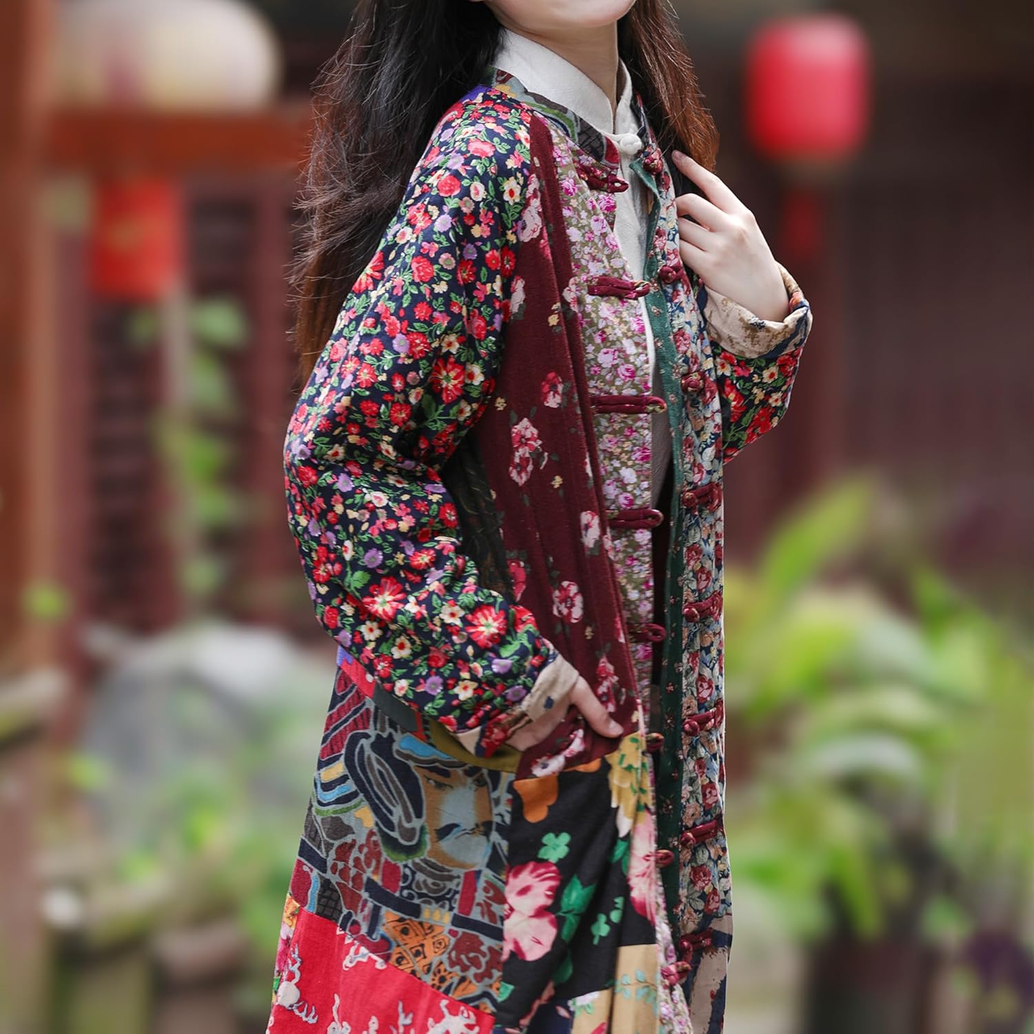 Women's Cotton Linen Printed Long Jacket with Unique Patchwork Cottagecore Style Casual Spring and Autumn Wear - Image 3