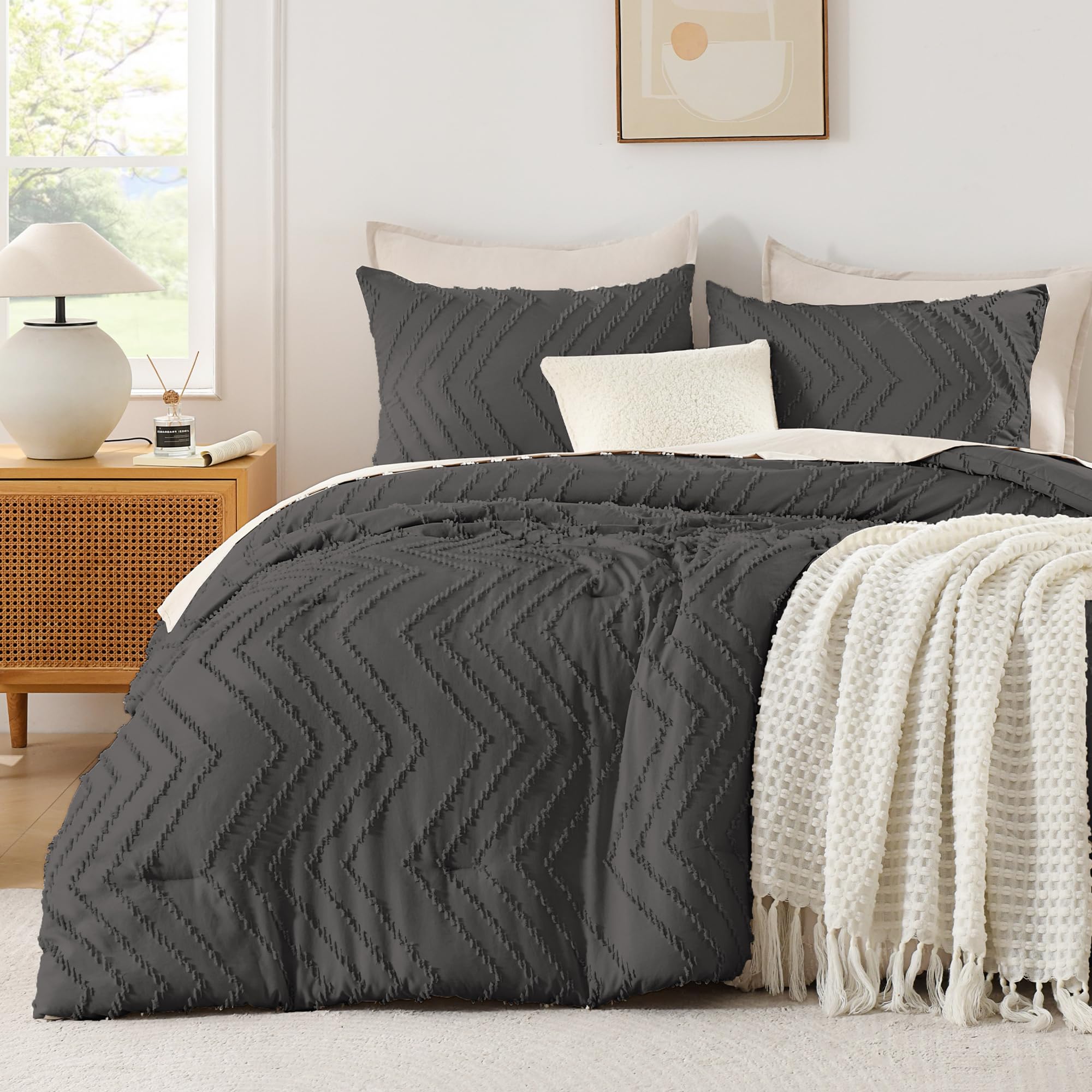 Andency Dark Grey Comforter Set King Size, Boho Soft Warm Tufted Bedding Comforter Sets for King Size Bed, 3 Pieces Aesthetic Chevron Farmhouse Cute Bohemian Textured Bedding Set