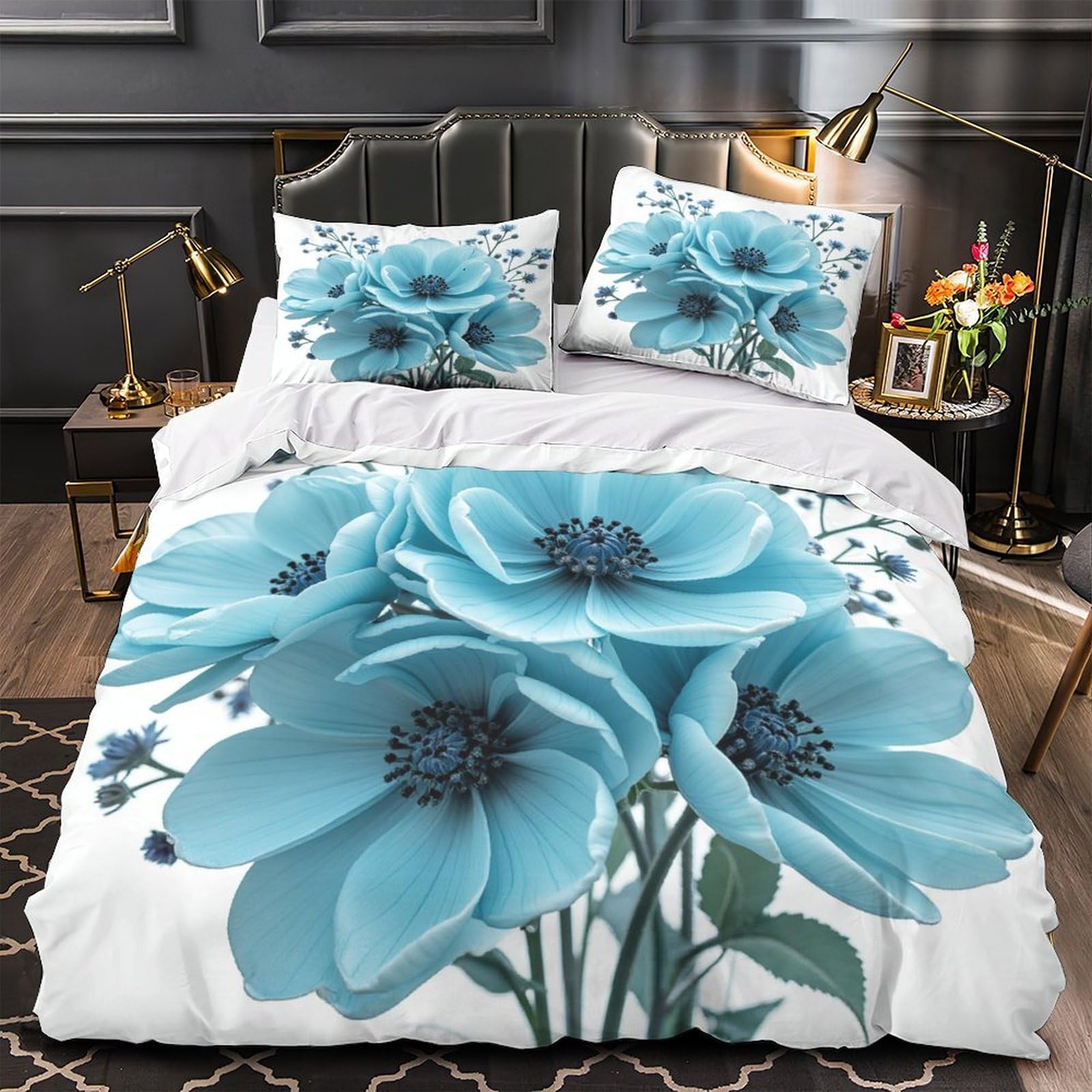 Parure de lit fleurs bleues 140x200 en microfibre pour lit simple