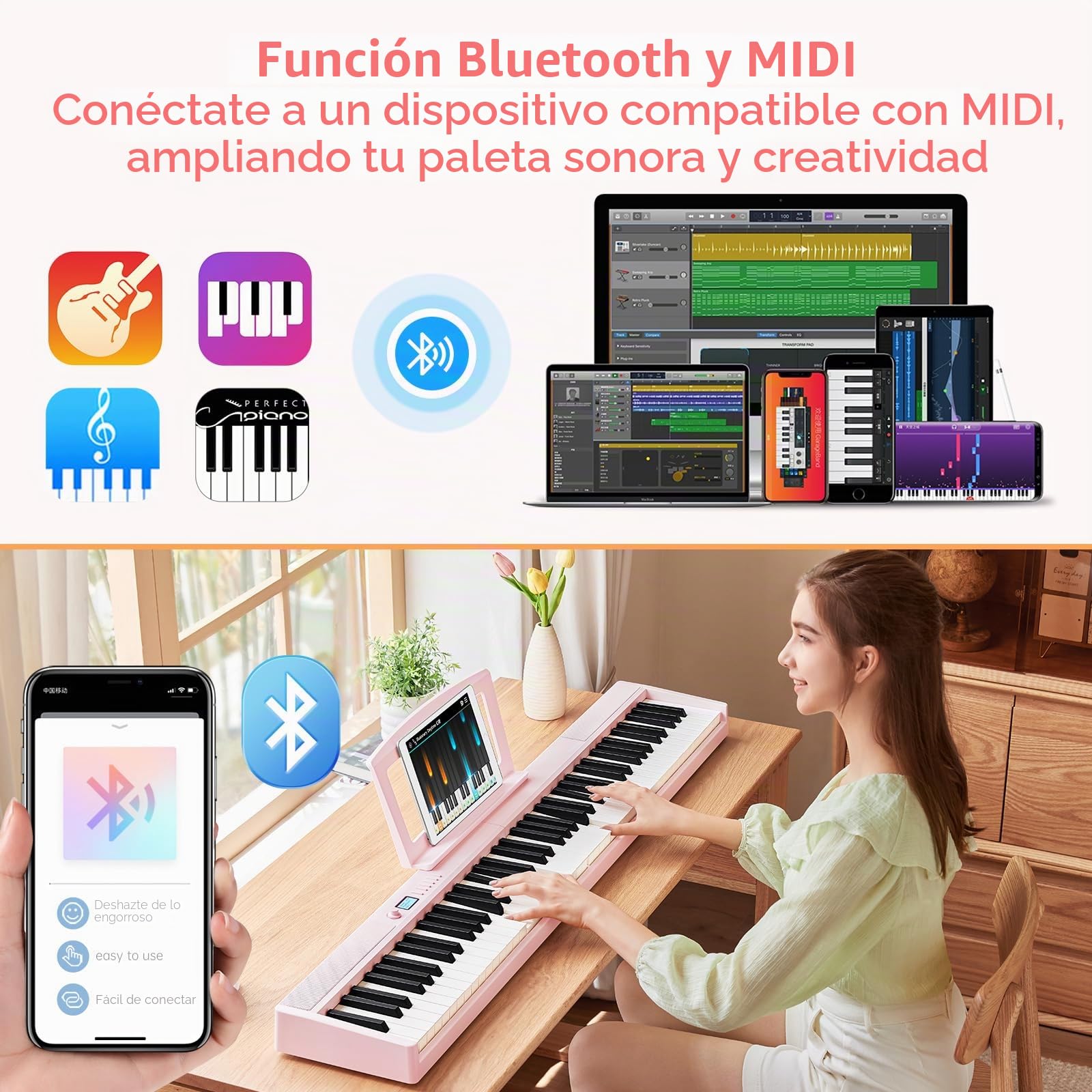 TERENCE Piano digital para adultos, instrumento musical con 88 teclas ponderadas, batería de 1800 mAh, 2 altavoces de 25 W, piano plegable, portátil, compatible con Bluetooth e interfaces MIDI,Rosa