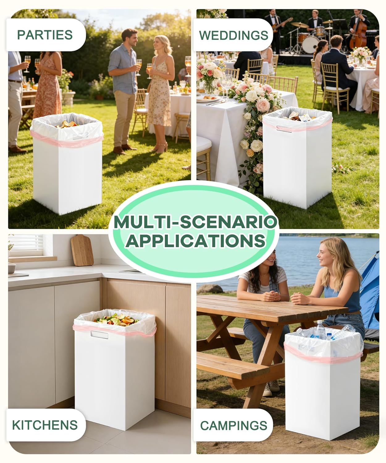 4 Pack Corrugated Cardboard Disposable Trash Cans for Parties, 40 Gallon Collapsible Garbage Cans with Handle, Thick Foldable Bins for Party Events Camping Beach(18.1" L x 18.1" W x 35.7" H), White