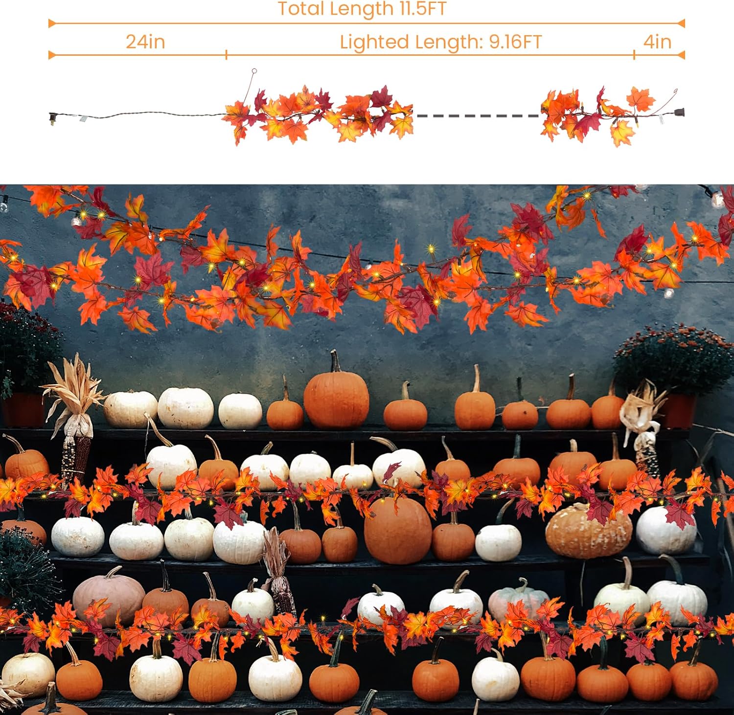 Brillarlights Thanksgiving Decorations for Home Lighted Garland with Lights, 11FT Thanksgiving Lighted Garland Plug in Fall Leaf, 50 Orange Bulbs Fall Garland for Mantle with Lights