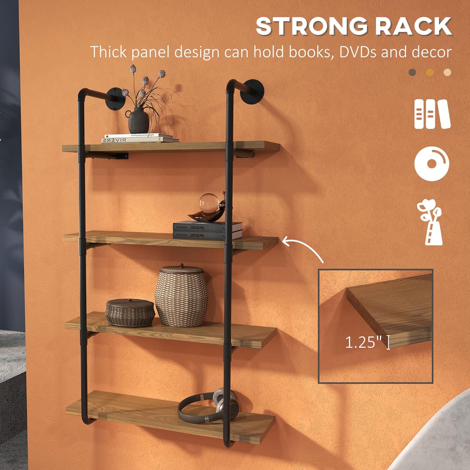 Rustic Brown 4-Tier Industrial Floating Wall Mounted Bookshelf