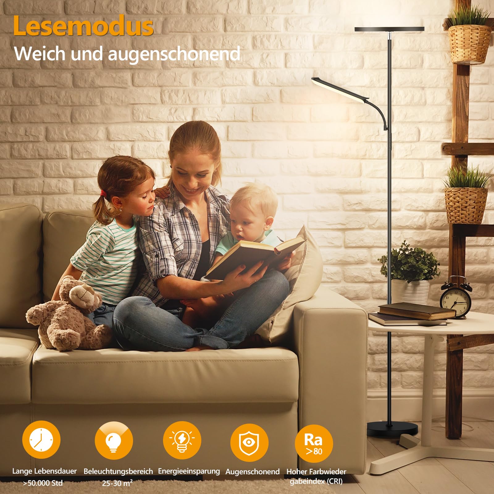 Stehlampe Wohnzimmer, 42W Deckenfluter mit Leselampe Dimmbar, 4200LM Stehlampe mit 2700K-6500K Farbtemperatu, Moderne Standleuchte mit Fernbedienung & Touch-Steuerung für Wohnzimmer Schlafzimmer