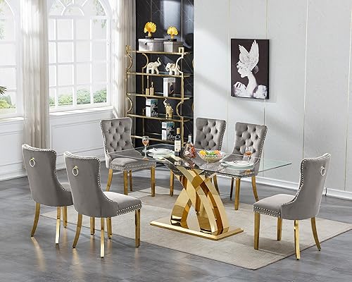 Miniatura 53 de Juego de mesa de comedor de cristal dorado moderno de 70 pulgadas para 6, juego de mesa rectangular de comedor de cocina de 7 piezas con base de