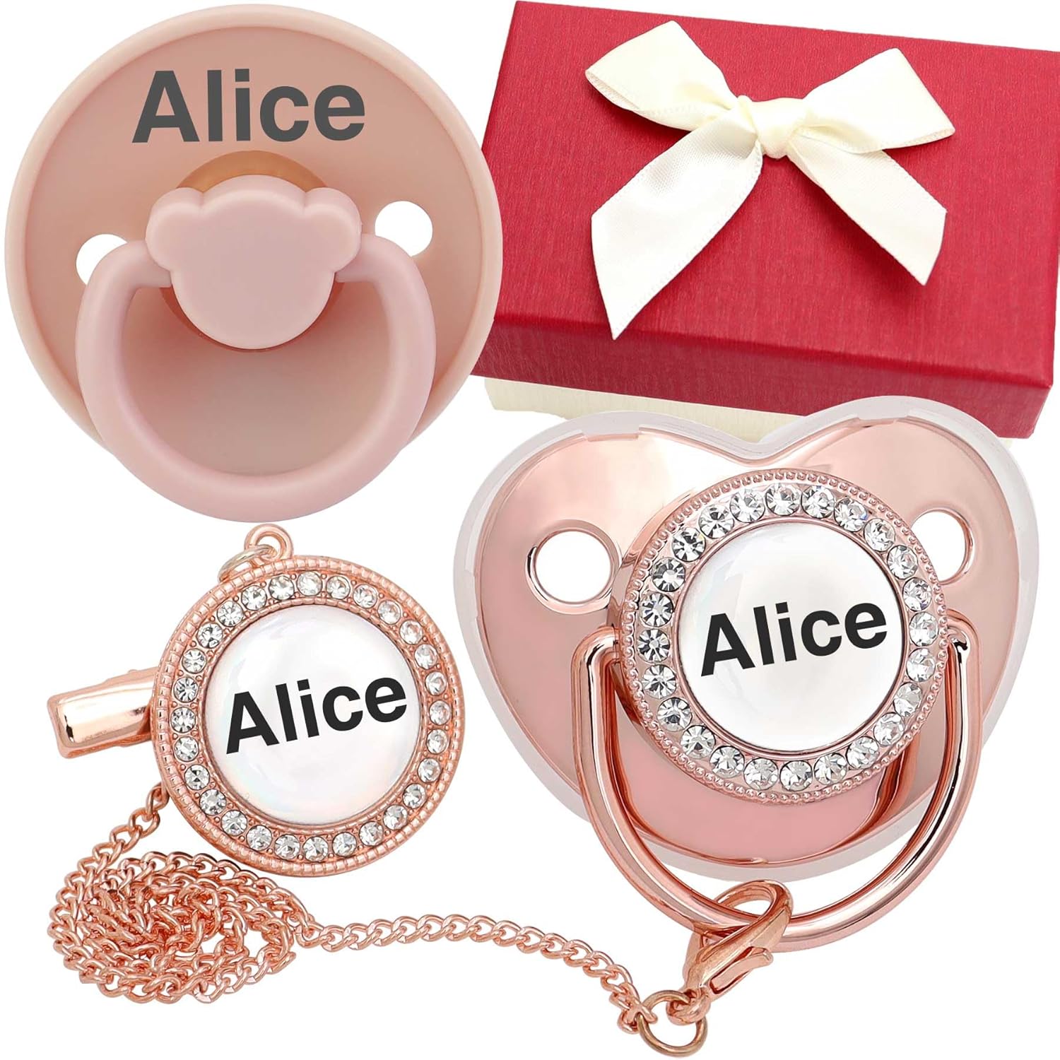 Personalized Pacifier Set with Name, Custom Handmade Bling Gold Silver Pink Rose Gold Luxurious Ideal Gift for Newborns (Rose Golden-Pink)