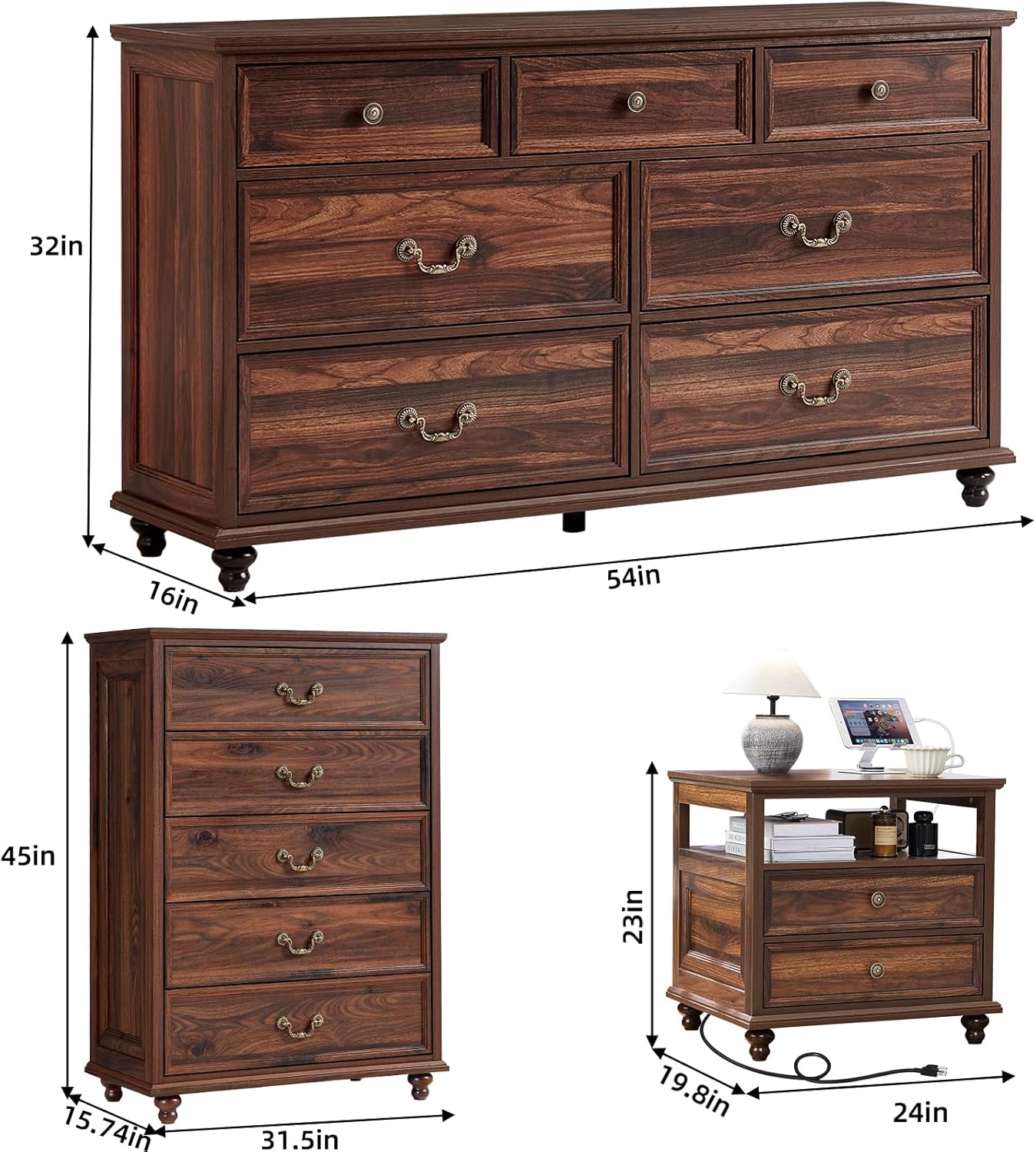 Diagram showing dimensions of the Joaxswe Farmhouse Nightstand, 7-drawer dresser, and 5-drawer chest.
