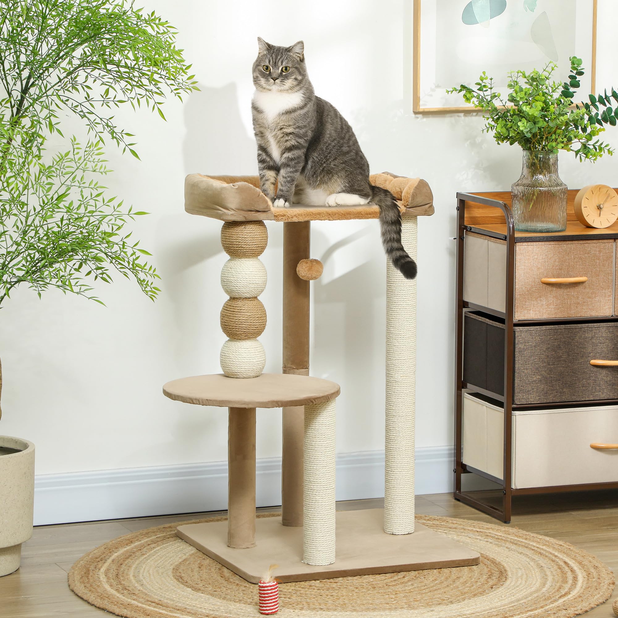 PawHut Kratzbaum 86 cm mit Sprungplattform für Katzen bis 7 kg Kaffee | Katzenbaum, Bett, Spielball, Katzenkratzbaum mit Jute-Kratzsäulen