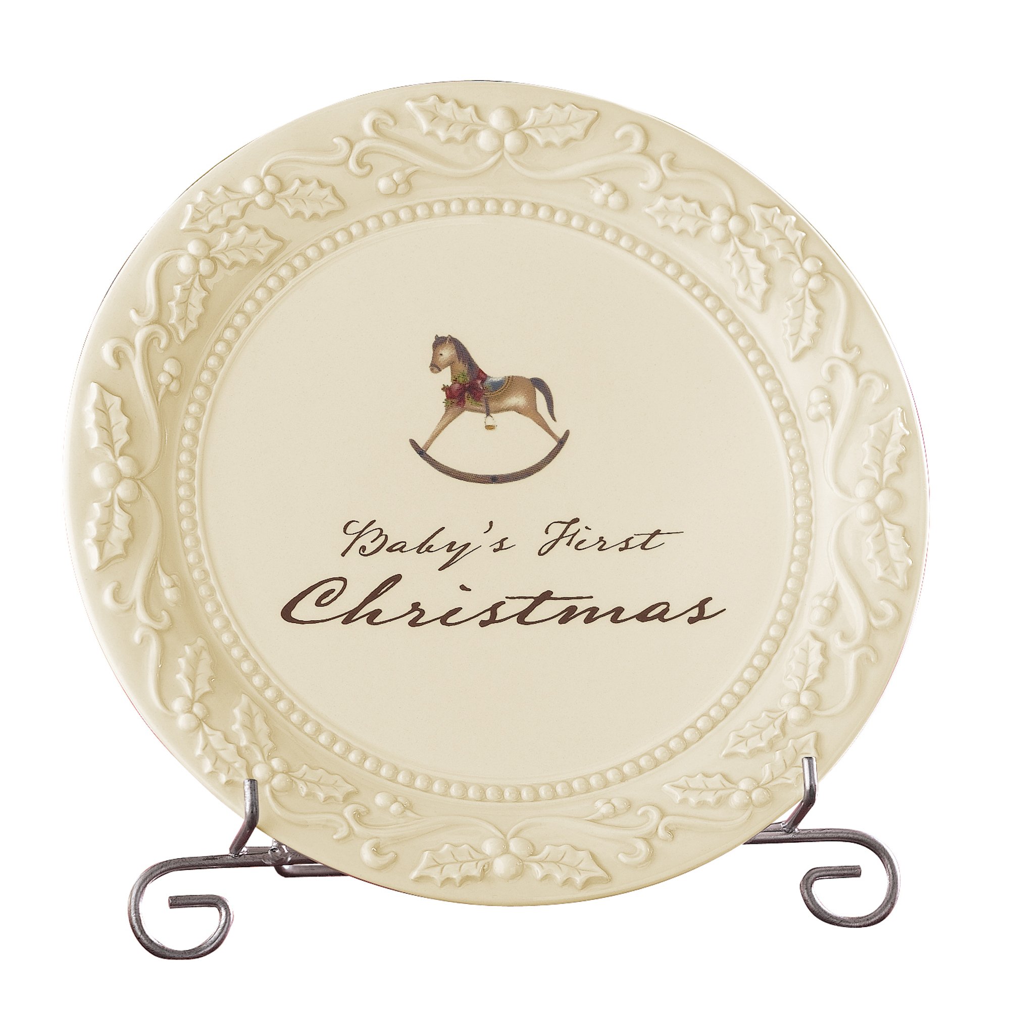 Grasslands Road Good Tidings 8-Inch Round Baby's First Christmas Plate with Stand