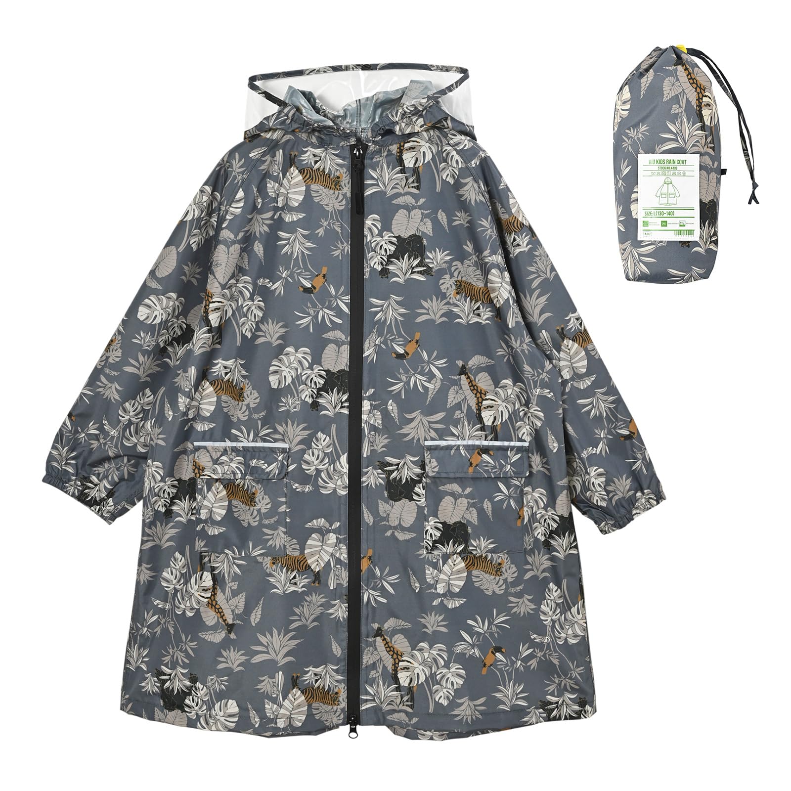 KiU キウ キッズレインコート KiU KIDS RAIN COAT 防水 撥水 はっ水 耐水 雨対策 台風 梅雨 レインポンチョ 子供 子ども カッパ 雨具 雨ガッパ 雨合羽 袖付き 収納袋 ポケット 通園 通学 幼稚園 保育園 小学校 おしゃれ かわいい ランドセル対応 男の子 女の子 サファリアニマル K409M-517