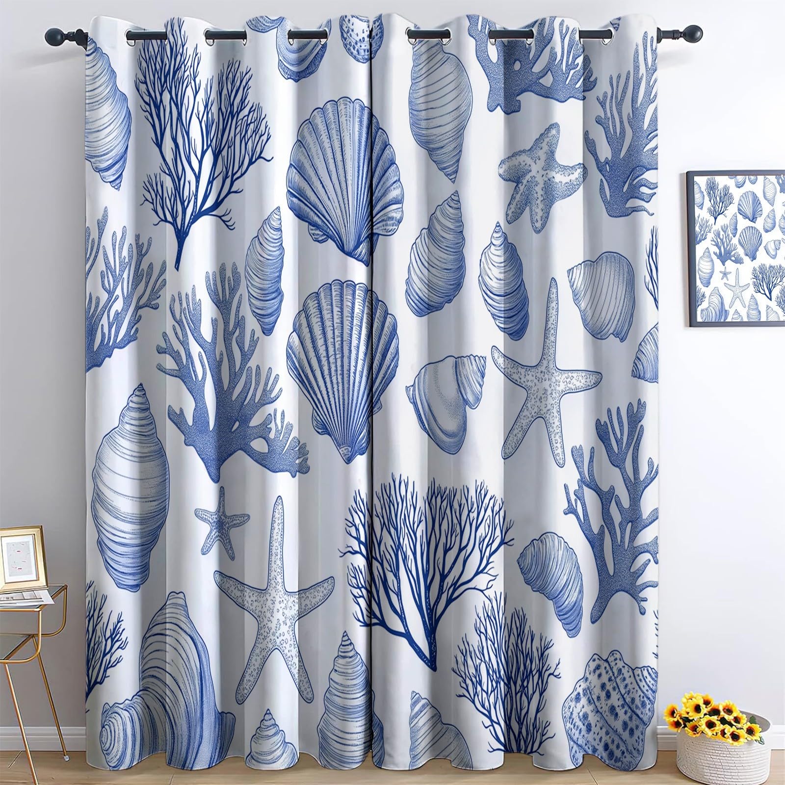 Rideaux occultants enfant corail coquillage bleu déco chambre
