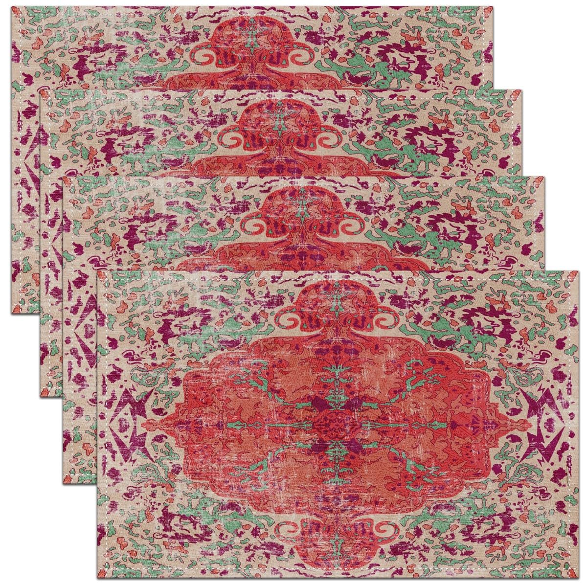 Boho Floral Placemats Set of 4 45X30cm Boho Mandala Placemat Kitchen Dining Table Decor Indoor Outdoor Vintage Bohemian Medallion Table Place Mats Retro Pink Green