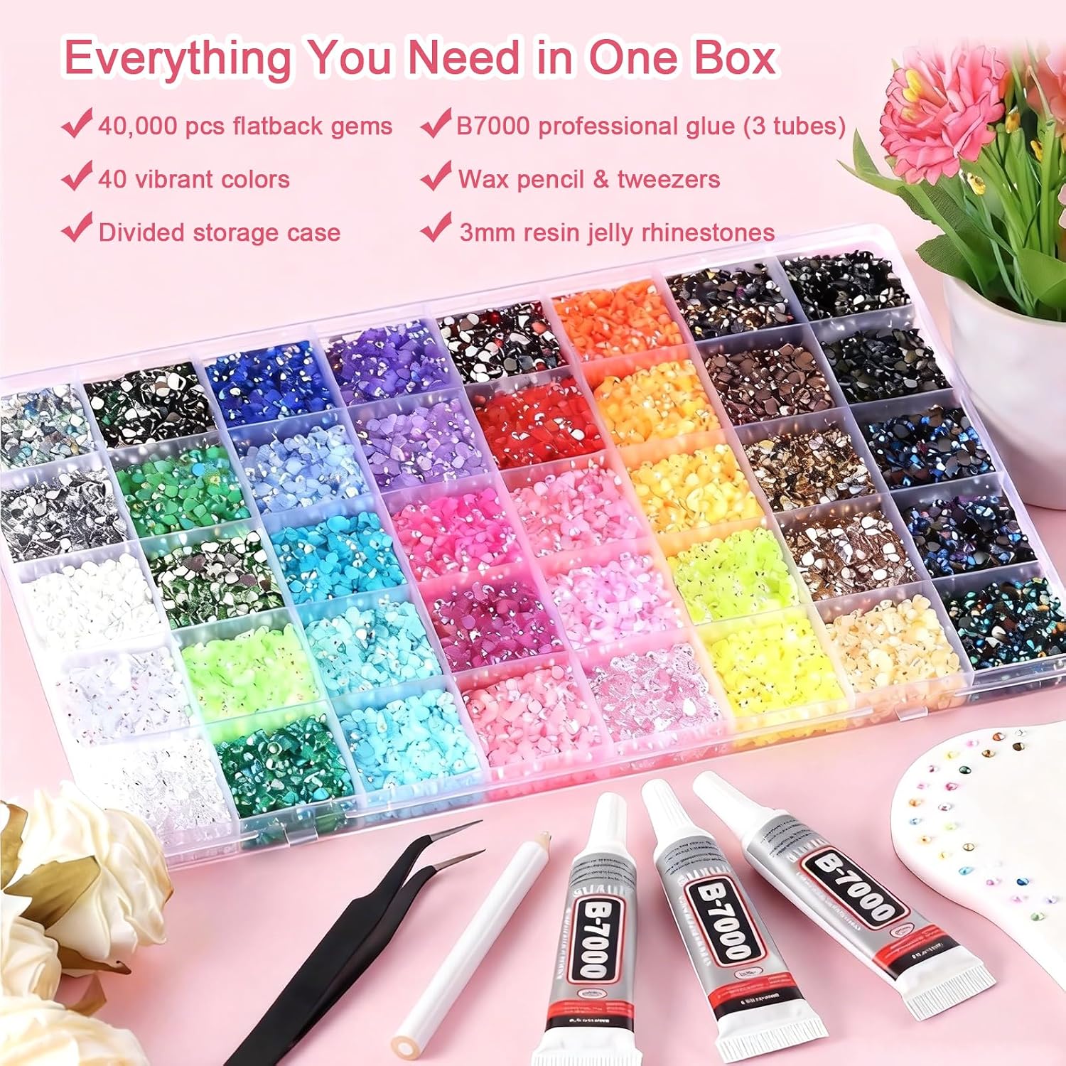 Bedazzling Kit 40000Pcs 40 Colors Flatback Rhinestones with B7000 Glue & Storage Case – 3mm Resin Jelly Gems for DIY Crafts, Fabric, Jeans, Shoes, Phone Case, Nail Art – Includes Wax Pencil & Tweezers