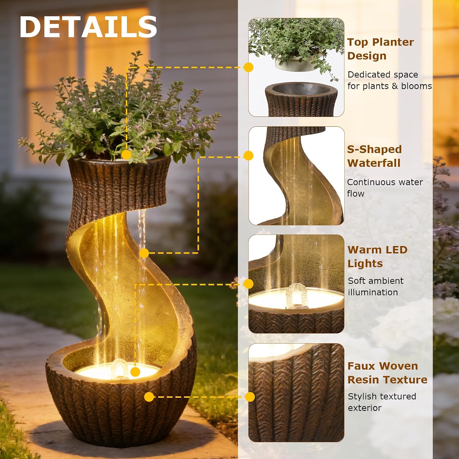 26.77" Tall S-Curved Water Fountain Outdoor, Garden Cascading Waterfall Feature with Textured Rustic Finish, LED Lights & Planter Bowl for Patio, Backyard or Porch and Indoor/Outdoor Home Decor
