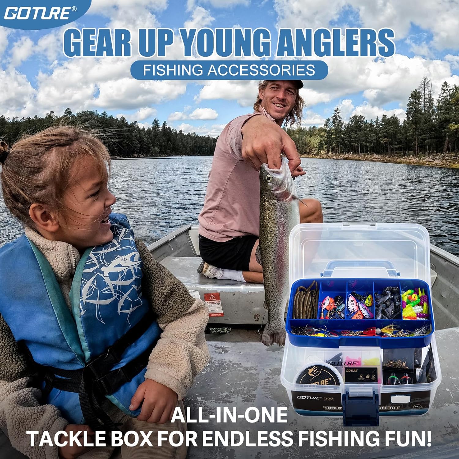 Goture 2-Layer Fishing Tackle Box with Trout Fishing Lures Kit Included, Portable Tackle Organizer with Hooks Sinkers Spinners & Soft Baits, Ideal Fishing Gifts for Men Anglers